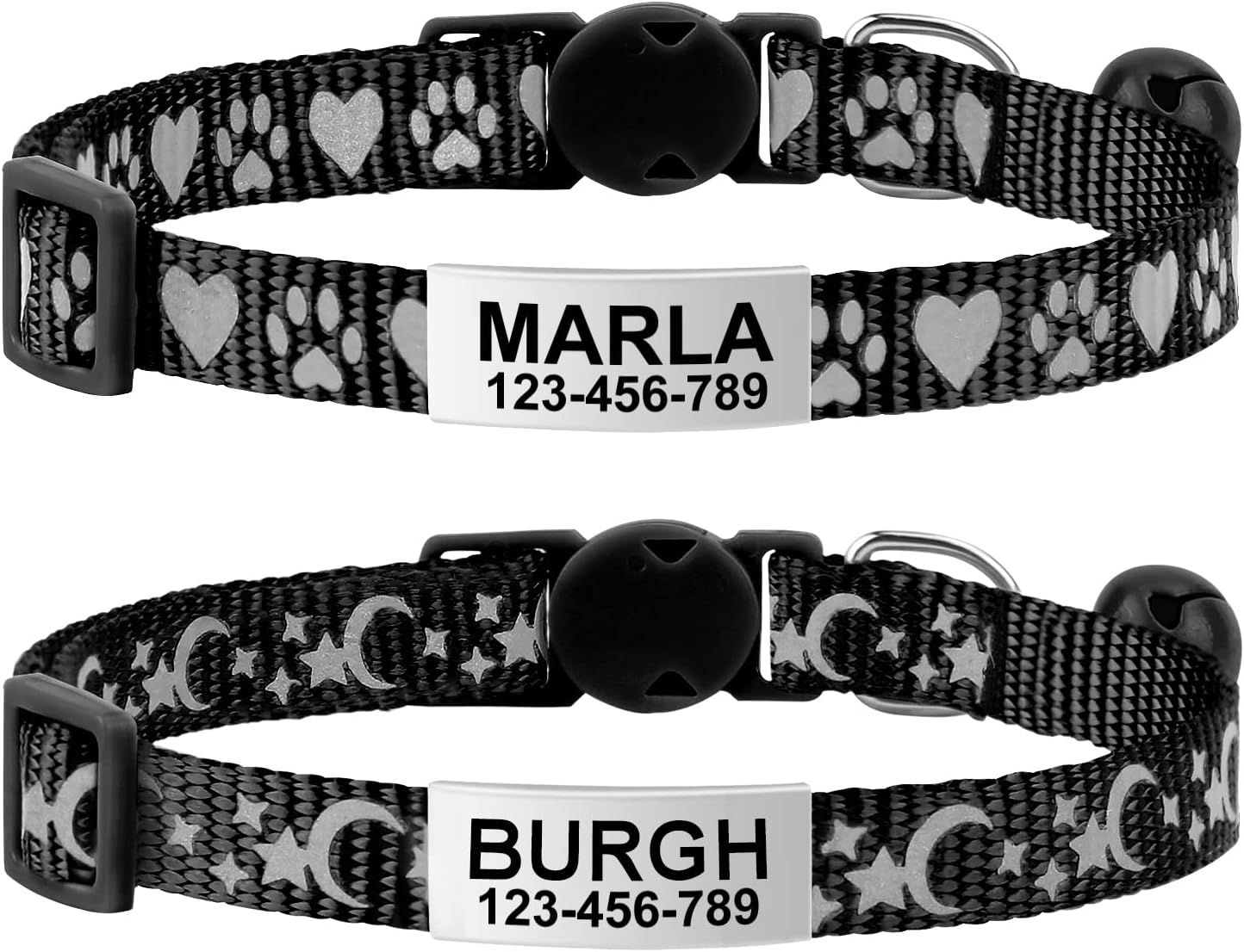 TagME 2 Pack Personalized Cat Collar Breakaway, Reflective Cat Collars with Name Tag and Bell for Boys &Girls, Black