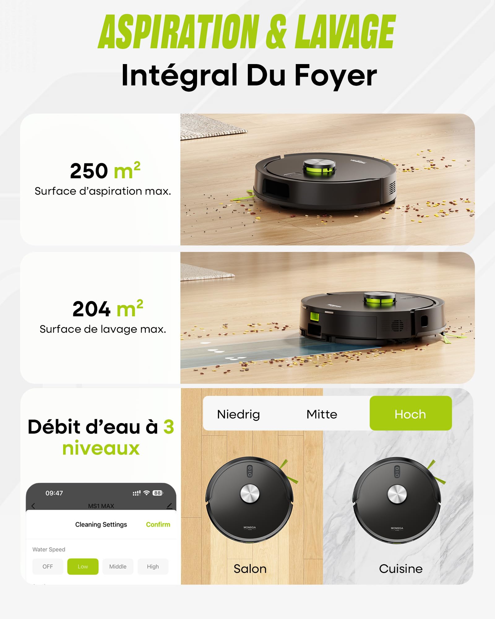 MONSGA Aspirateur Robot 8000Pa, Robot Aspirateur Laveur avec Station Auto-vidage 4L, Plaque de Protection, Navigation LDS, Double Anti-emmêlement pour Cheveux et Poils d'animaux, APP, Contrôle Vocal