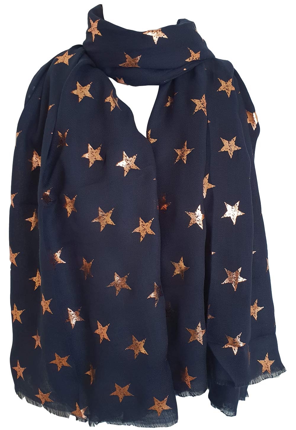 GlamLondon Stars Scarf Rose Gold Glitter Foil Antique Star Print Ladies Party Wedding Fashion Wrap (Blue Dark)