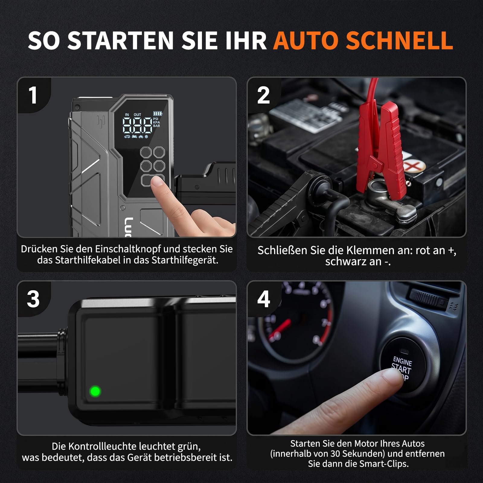 LUCKLIKE W210 Starthilfe Powerbank, 12V Jump Starter mit Luftkompressor | 7000A Tragbarer Booster Starthilfegerät für All Benzin/12.0L Diesel, 150PSI Luftpumpe, mit LED Taschenlampe Starterkabel