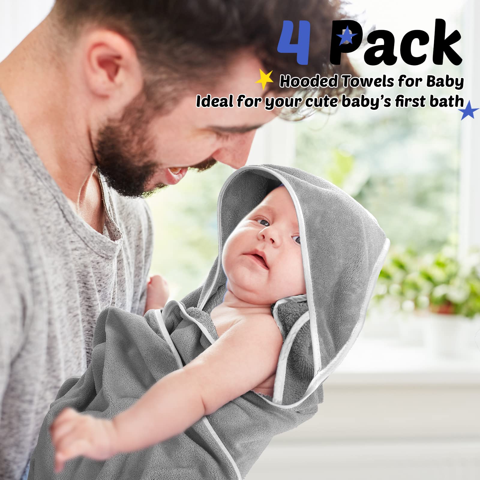 Paquete de 4 toallas con capucha para bebé, de forro polar coral, de 30 x 30 pulgadas, suaves y absorbentes, para recién nacidos, niños y niñas, suministros de regalo de ducha (gris)