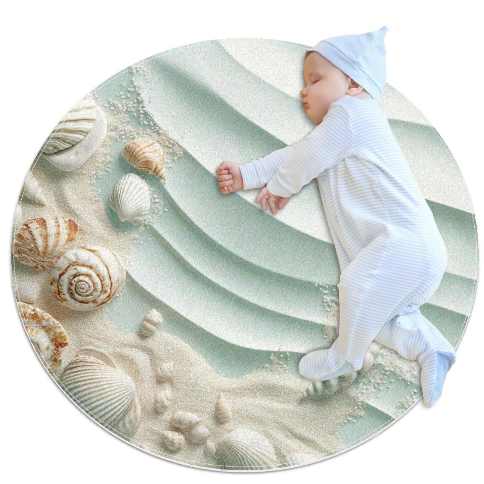 Tapis de salle de bain rond 1m motif plage et coquillages antidérapant pour chambre