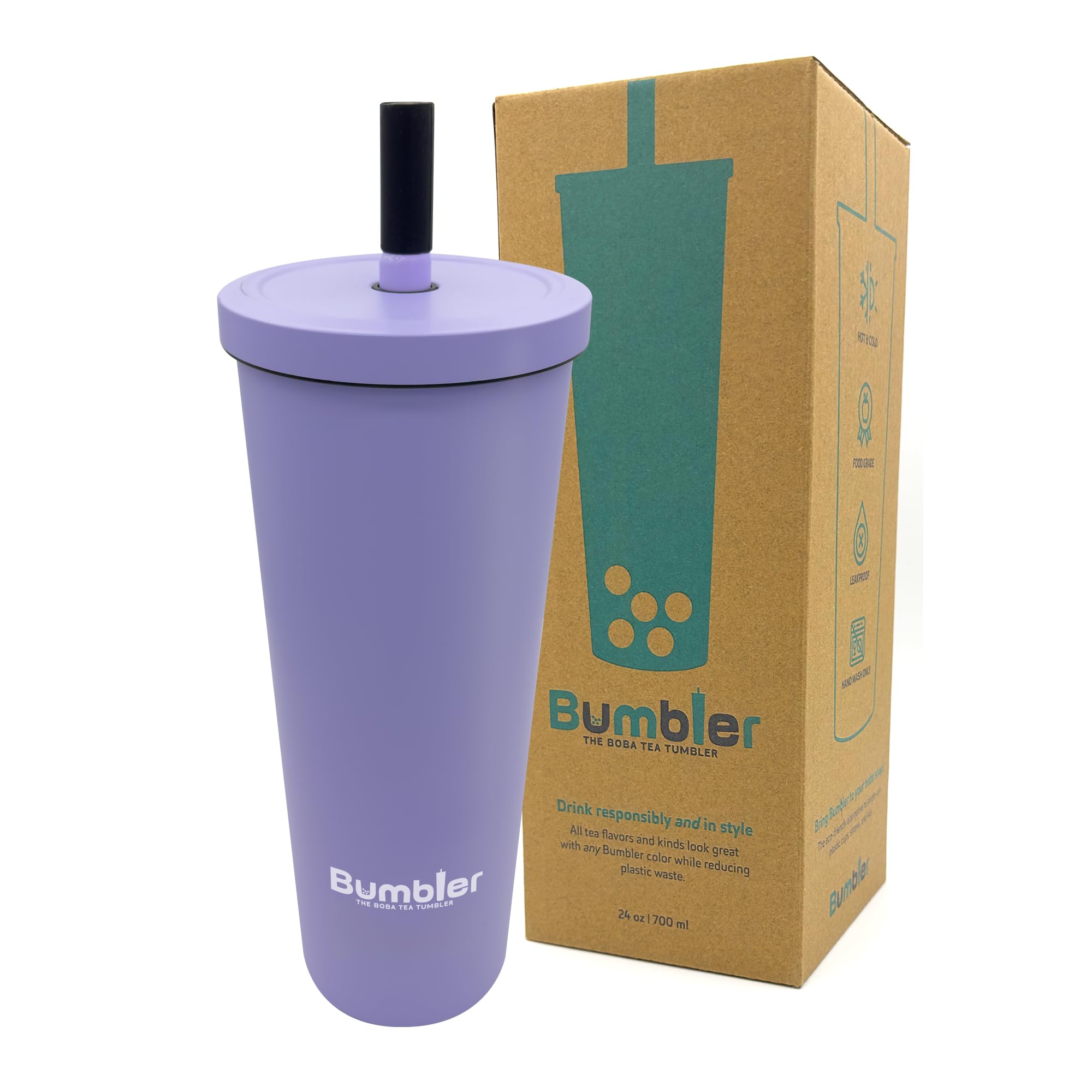 Stainless Steel Bubble Tea Cup - Bumbler 24oz Large Reusable Eco-Friendly Tumbler with Wide Soft Tip Metal Straw, Leak-Proof Lid - for Boba, Smoothies, Iced Coffee, Hot or Cold Drinks - Lavender