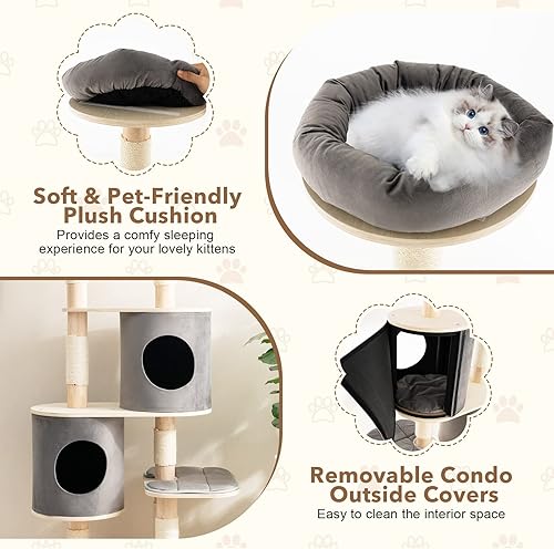 Miniatura 6 de Tangkula Árbol para gatos de 75 pulgadas de alto para gatos de interior, torre de madera maciza natural para gatos con postes rascadores de sisal,