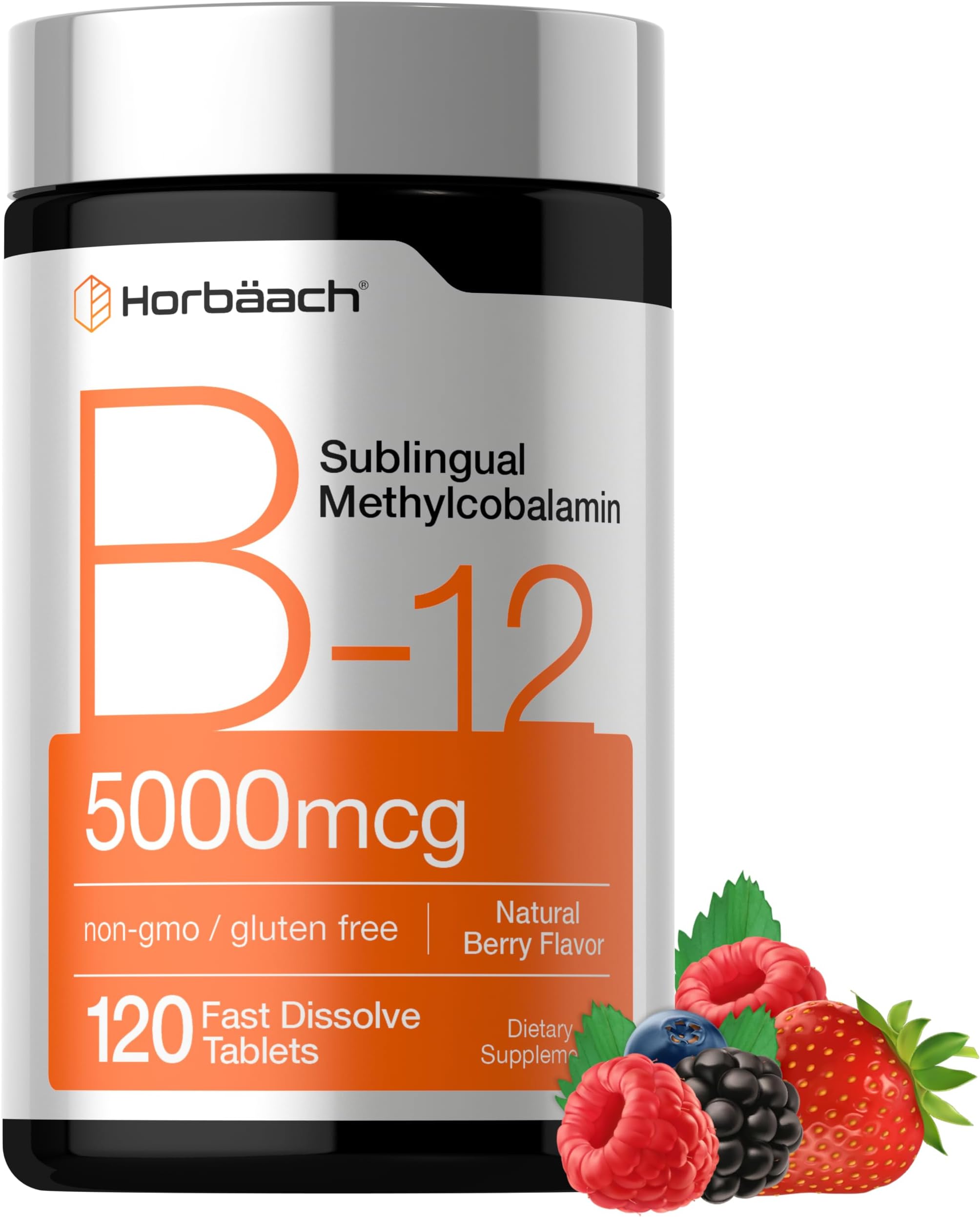 - Horbäach B12 Vitamin 5000 mcg | 120 Fast Dissolve Tablets | Sublingual Methylcobalamin | Natural Berry Flavor | Vegan, Non-GMO & Gluten Free Supplement