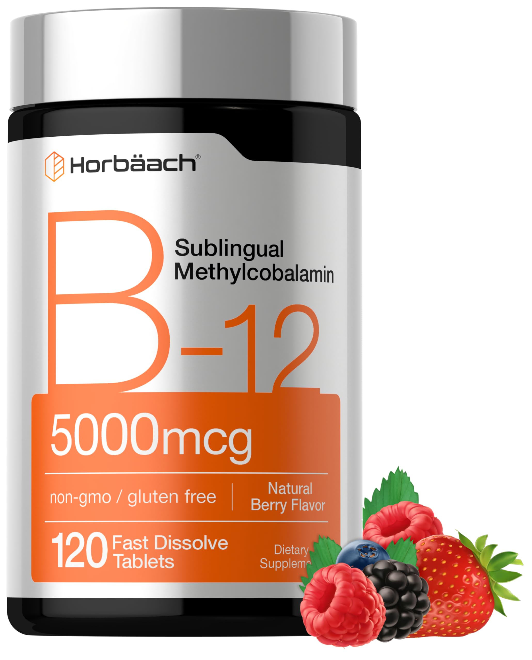 Horbäach B12 Sublingual Methylcobalamin | 5000mcg | 120 Fast Dissolve Tablets | Vegetarian, Non-GMO and Gluten Free Supplement | by Horbaach