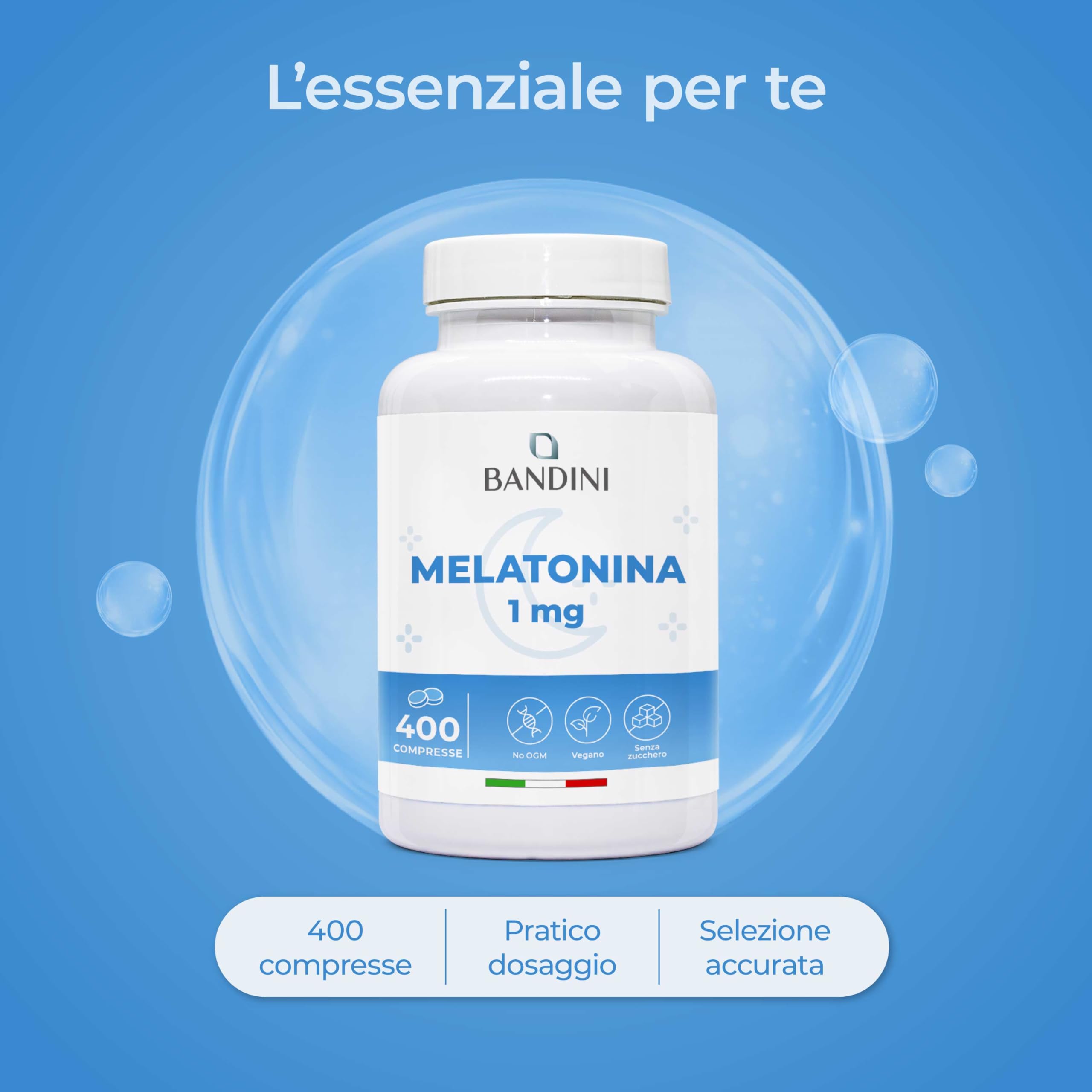 Bandini® Melatonina Forte Pura, 400 Compresse (Scorta + 1 anno), Integratore per Dormire 1mg per Compressa, Facile da Deglutire, Migliora la Qualità del Sonno Regolando il Ciclo Sonno-Veglia, Vegana