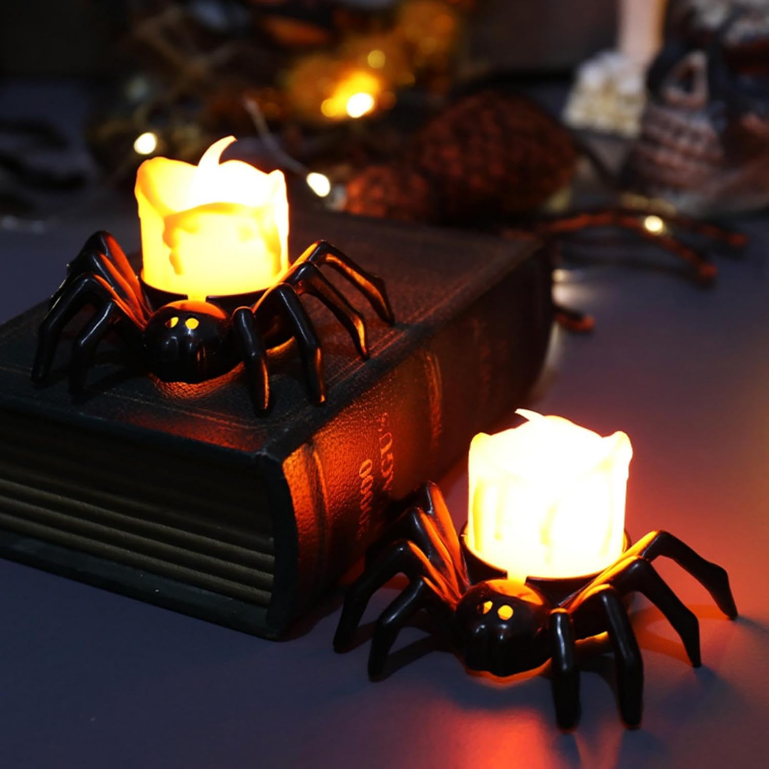 YBB 12 Pcs Halloween Spider Tea Lights, Novelty LED Flameless Spider Candle Holder Battery Operated Orange Tea Lamps for Halloween Party Table Home Spooky Decor