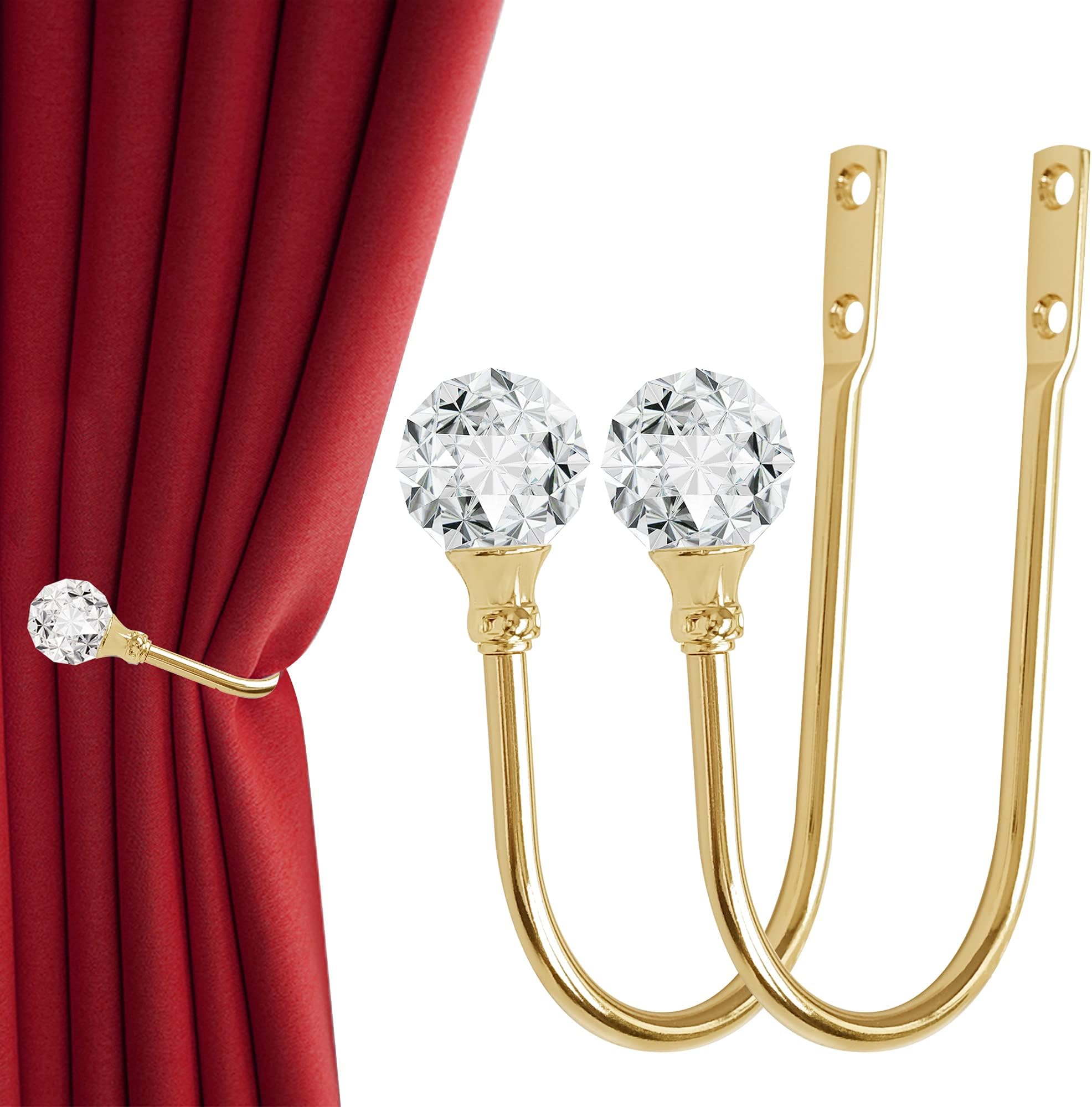 Curtain Holdback, 2pcs Wall Mounted Drapery Tiebacks with Clear Crystal Ball, Heavy Duty Metal Decorative Window Drapery Curtain Holder Curtain Hooks with Screws, Sliver