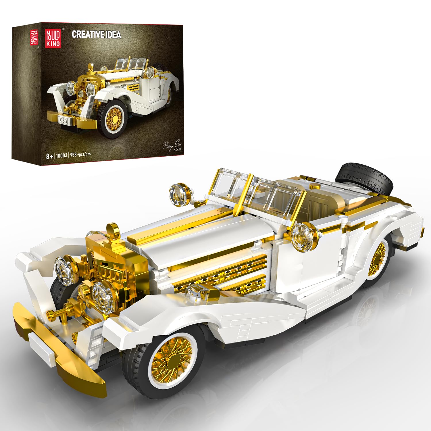 Mould King 10003 Oldtimer Klemmbausteine Auto, Klassisches Modellauto Bausatz mit öffnenden Türen & Motor, Technik Bausteine Set für Erwachsene, Sammler & Geschenk (958 Teile)