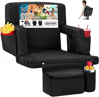 Overmont Stadium Seat with Back Support - 2.8'' Padded Cushion 6-Position Recliner Bleacher Seat with Dual Hooks Backpack Straps Cup Holders Pockets - Portable Stadium Chair for Sports Events Concert