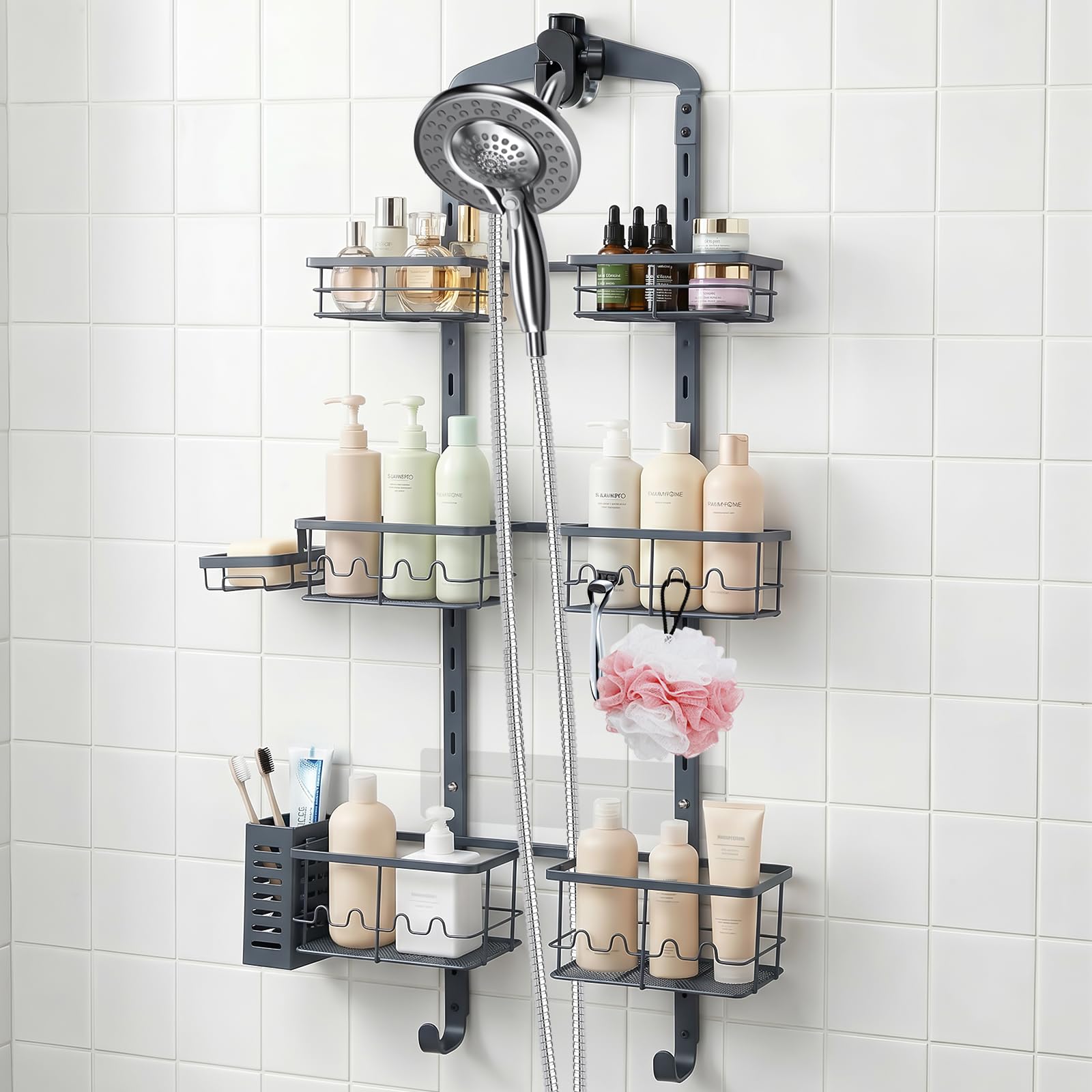 Photo 1 of Marovitax Extra Large Shower Caddy Hanging, Rust-Resistant Shower Organizer Hanging,3 Tier Height-Adjustable Over the Head Caddy,Rack with Soap Basket (Gray)