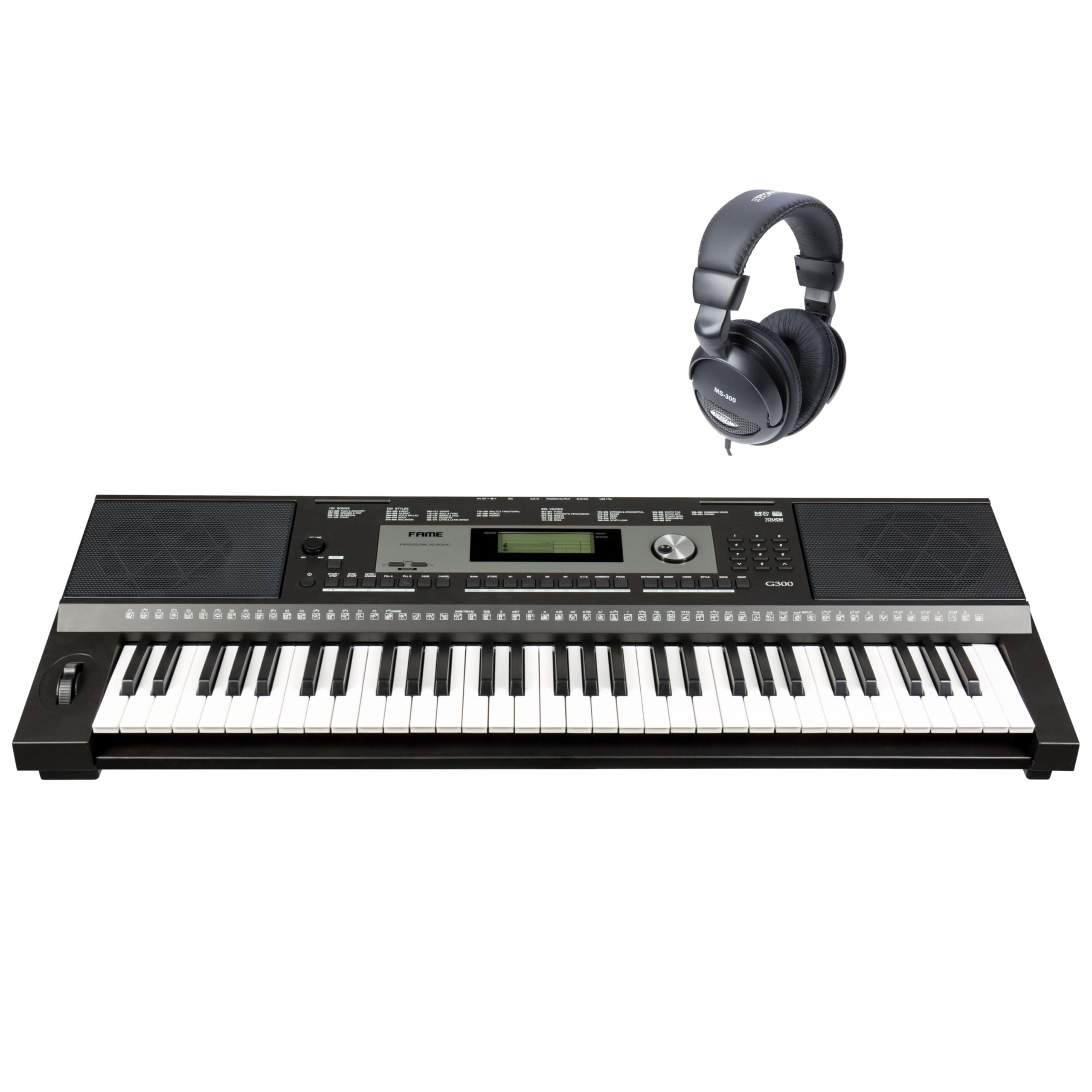 Fame G-300 Basic-Set, 61-Tasten Keyboard, Ständer, Studio-Kopfhörer, Anschlagdynamik, USB MIDI, 633 Sounds, 220 Styles, Pitchbend, Modwheel, Display, Line In/Out, Mikrofoneingang