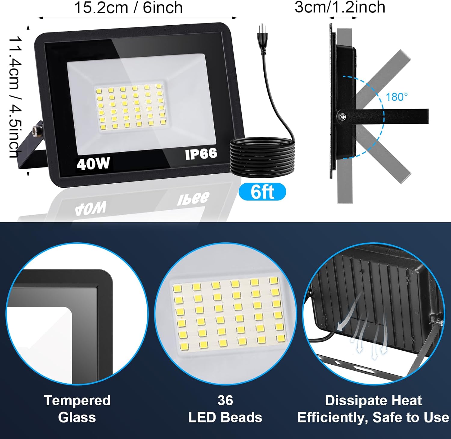 40W LED Flood Light with Plug, 4800Lm Super Brighter Security Lights with 6ft Wire, 5000K Daylight White IP66 Waterproof Outdoor Work Light Floodlight for Yard Stadium Garden, 2 Pack