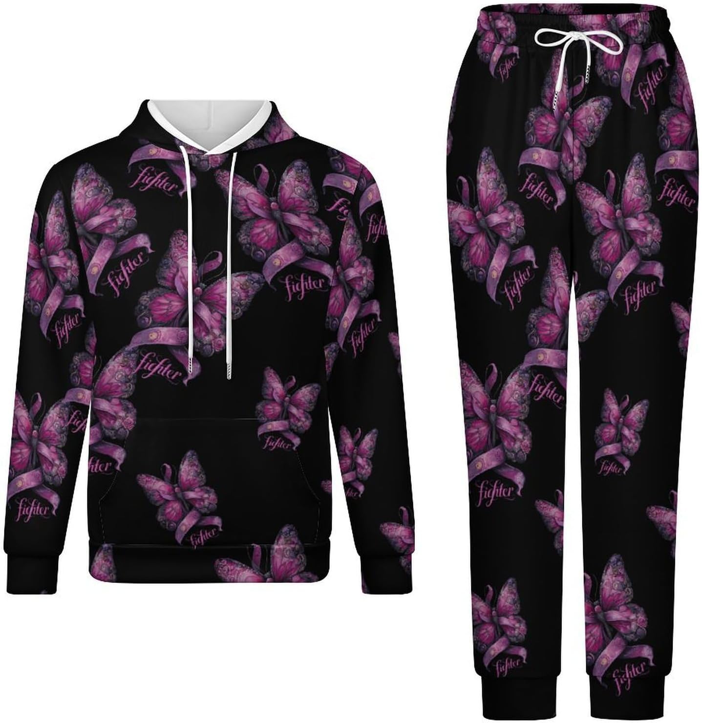 Breast Cancer Awareness Fighter Butterflys Womens 2 Piece Outfits for Mens Lounge Hoodies Set Sweatsuit Tracksuits
