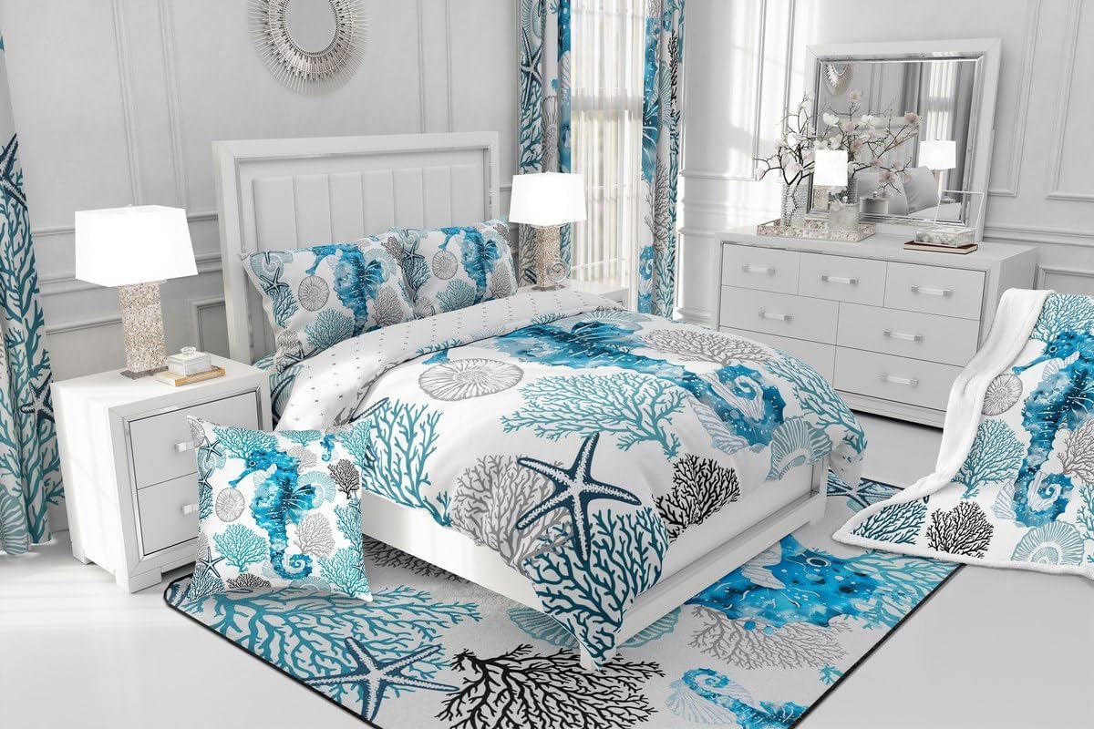 jejeloiu Kids Seahorse Duvet Cover,Ocean Seahorse Bedding Set Toddler Size for Boys Girls Bedroom Room Decor,Teal Ocean Animals Comforter Cover,Coastal Creature Sea Bedspread Cover,No Comforter