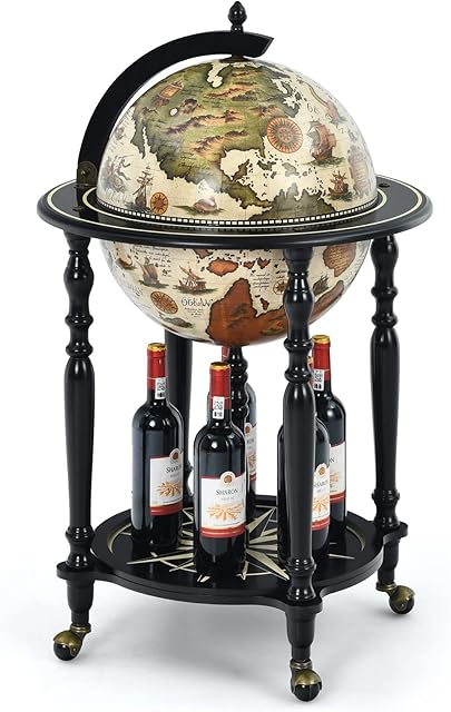 TANGZON 360MM/400MM Globe Drink Cabinet, 2-Tier Wine Liquor Storage Stand with 360° Casters, Retro Style Minibar Wooden Cart for Bar, Kitchen and Living Room (Beige, 400MM)