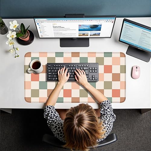 Miniatura 7 de Tapete de escritorio bohemio a cuadros, color beige retro, XL, 31.5 x 15.7 pulgadas, alfombrilla de mouse de escritorio con estética extendida, para