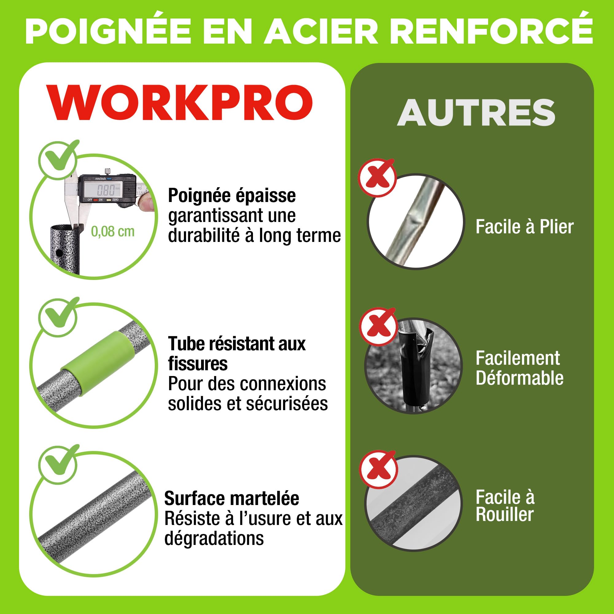 WORKPRO Râteau Robuste, Râteau Arceau 165 cm, Râteau de Jardin 17 Dents en Acier, Outil de Jardin avec Manche Réglable et Démontable, pour Ameublir Le Sol, Ramassage des Feuilles, Nivelage de Pelouse