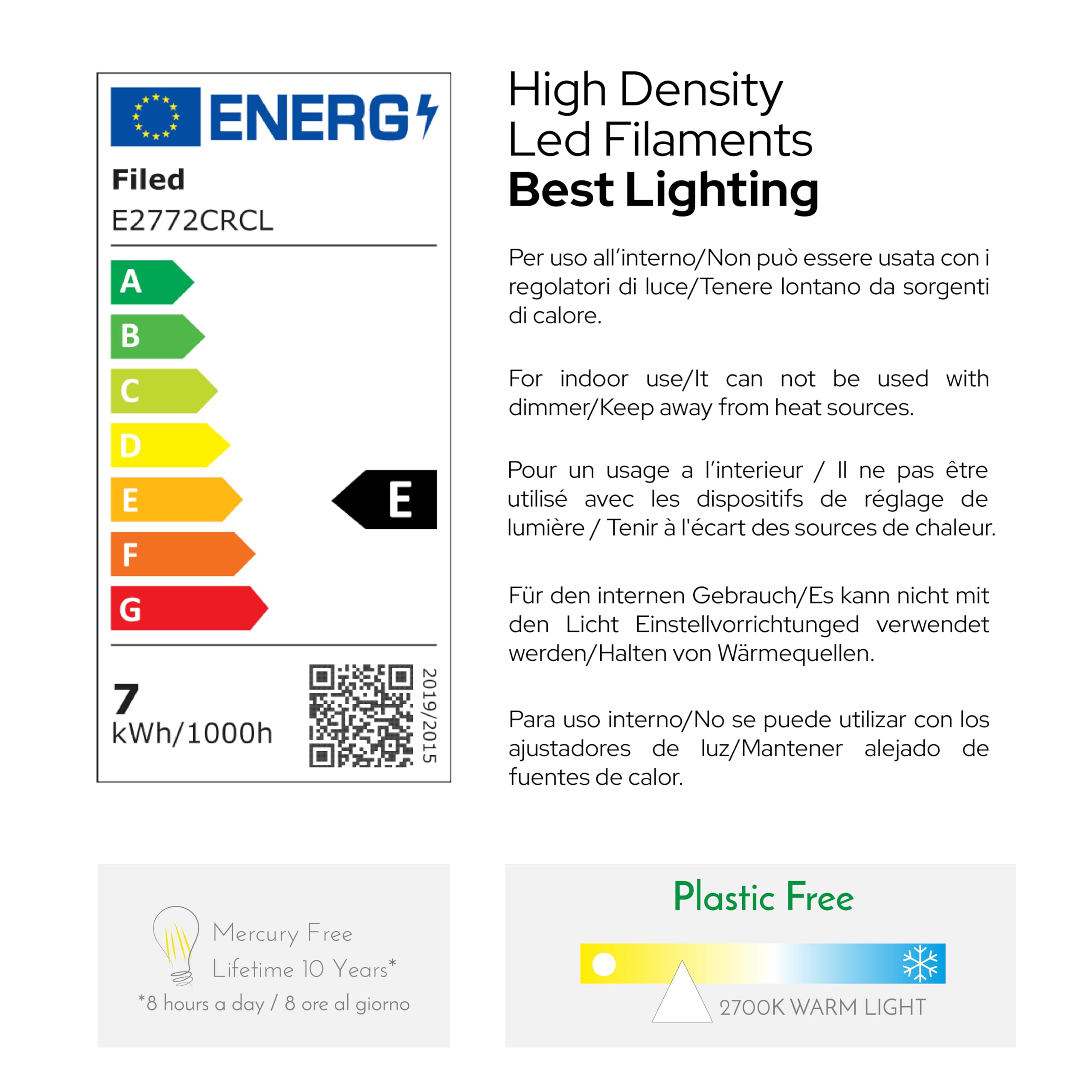 Smart Goccia A60 7W Glühbirne, E27, transparentes Glas, Dämmerungssensor, 2700K warmes Licht, gerader LED-Glühfaden, 806 Lumen, 10er-Pack