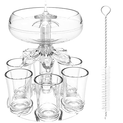 ALEVMOOM Shot Glass Dispenser, Acrylic Shot Dispenser with 6 Shot Glasses - with brush, Liquid Separator Holder with Dispenser for Party Gifts Party Drinking Home
