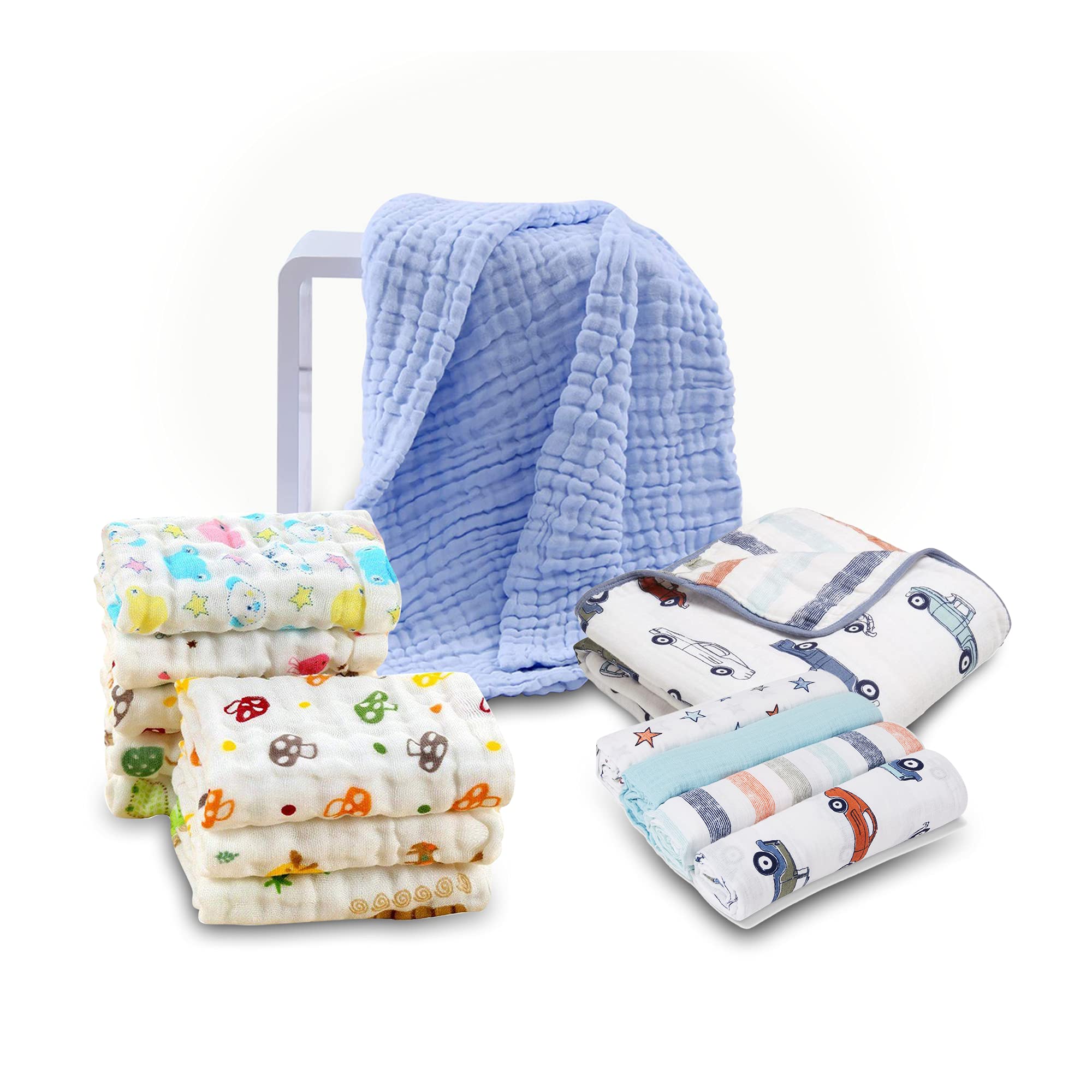 Mom's Home Organic Muslin New Born Baby Gift Set - Blue White - 11 Items