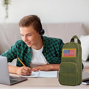 BERRYRIZZ Tactical Large Capacity Pencil Case Pen Pouch Organizer Canvas Pencil Bag with Handle School Supplies for Teen Boys-Green