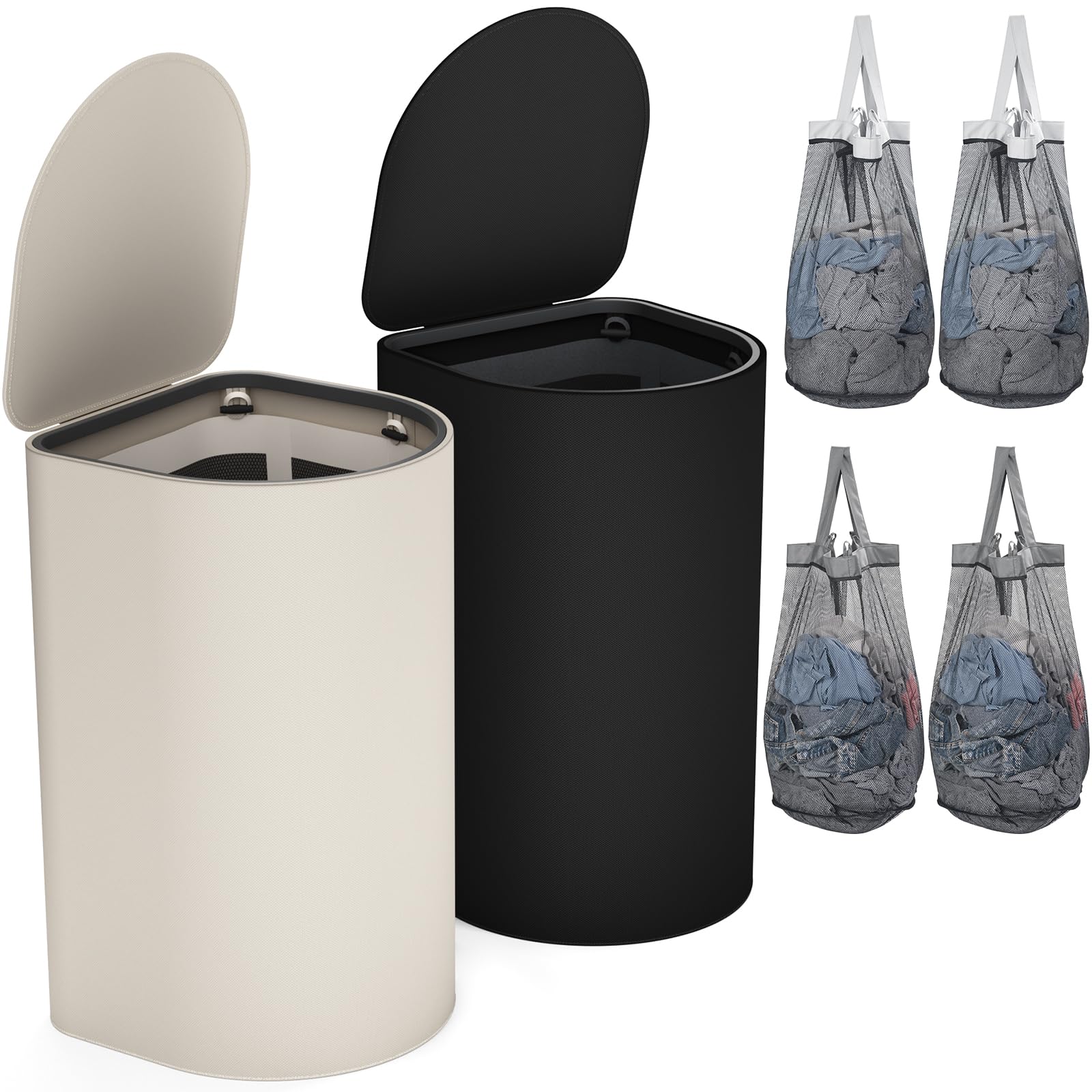 Juego de 2 cestas para la ropa sucia con tapa, 140 L, gran capacidad, con 2 compartimentos para clasificar la ropa sucia, 4 bolsas interiores extraíbles, cestas para Laundry y fácil de