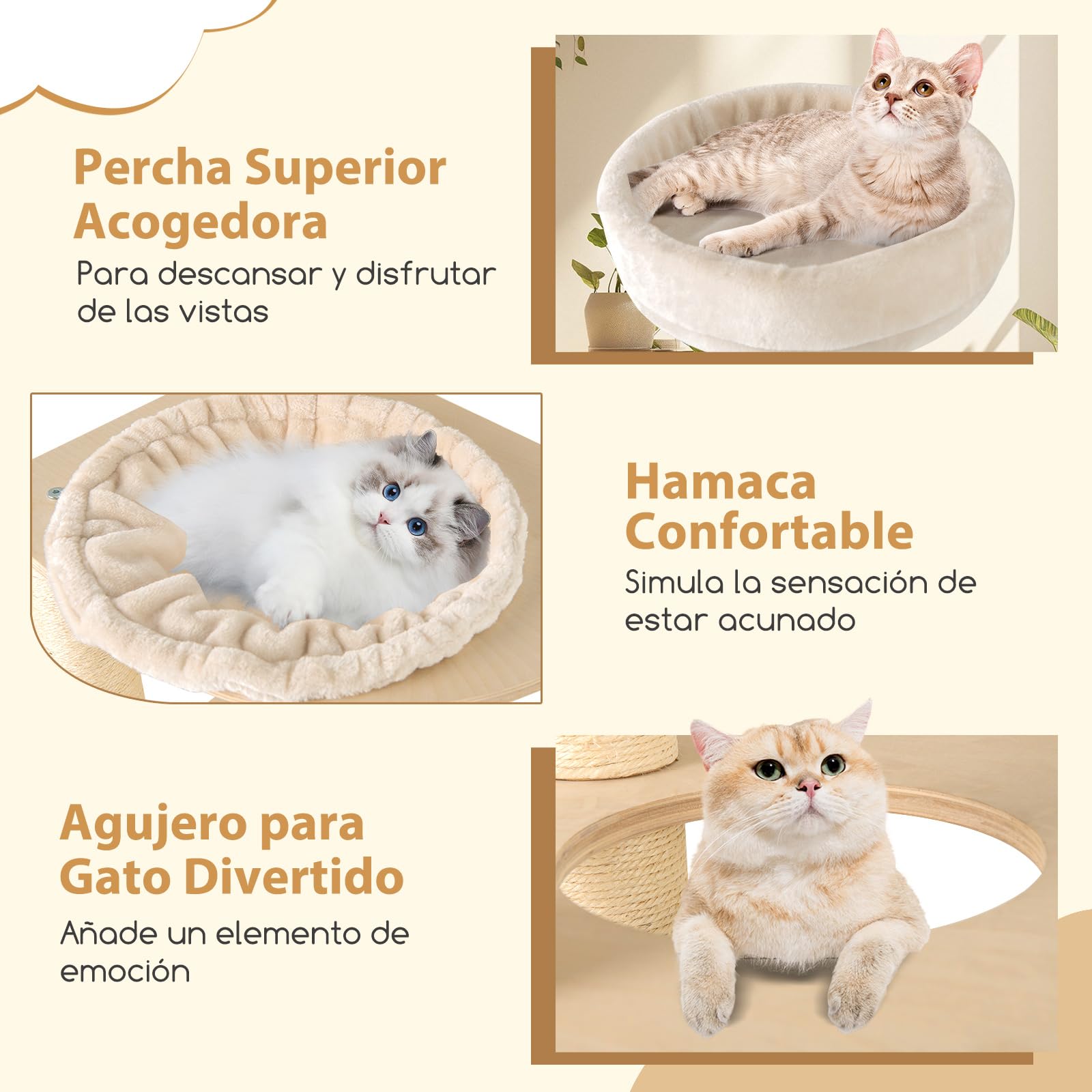 COSTWAY Árbol Rascador para Gatos de 151 cm, Torre Rascador de Escalada Gato con Poste Rascador, Condominio, Alfombra, Cama, Hamaca, Cojín Lavable, Centro de Actividades Multifuncional para Gatos
