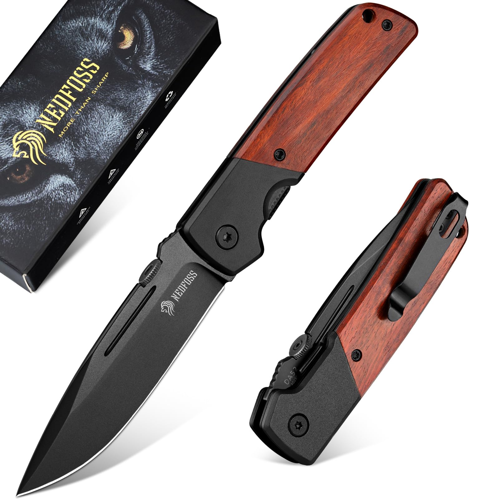 NedFoss DA52 Pocket Knife for Men, 3.5" Black Blade EDC Knife, Lightweight Camping Folding Knife with Clip, Rosewood Handle with Aluminium Bolster, Liner Lock