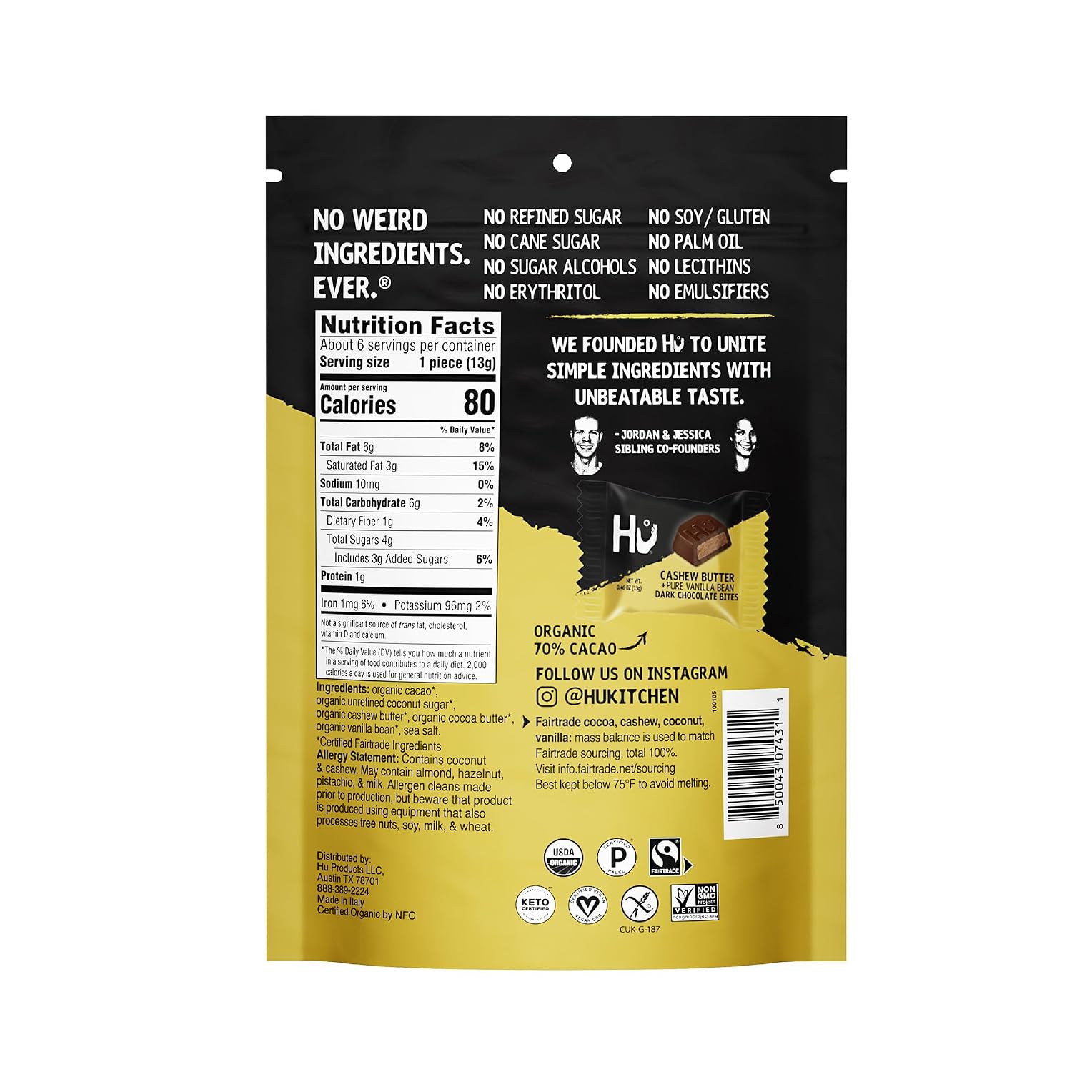 Hu Cashew Butter + Pure Vanilla Bean Dark Chocolate Bites 6 Pack | Natural Organic Vegan, Gluten Free, Paleo, Non GMO, Fair Trade Dark Chocolate