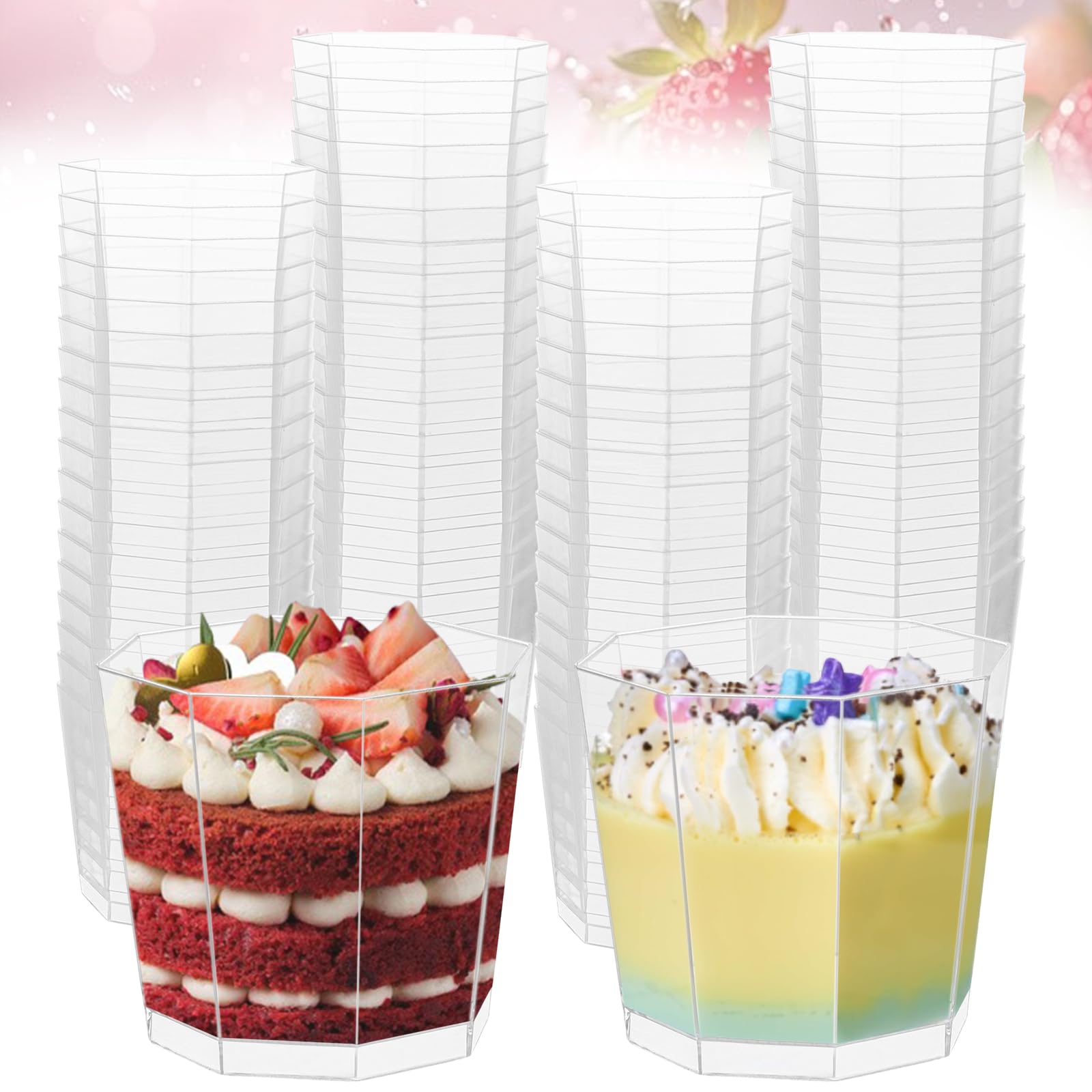 YAYODS 100 vasos de postre de plástico – 5 oz/160 ml cuencos de postre – vasos de postre con cucharas – tazas reutilizables para postres DIY, pudín, mousse, helados