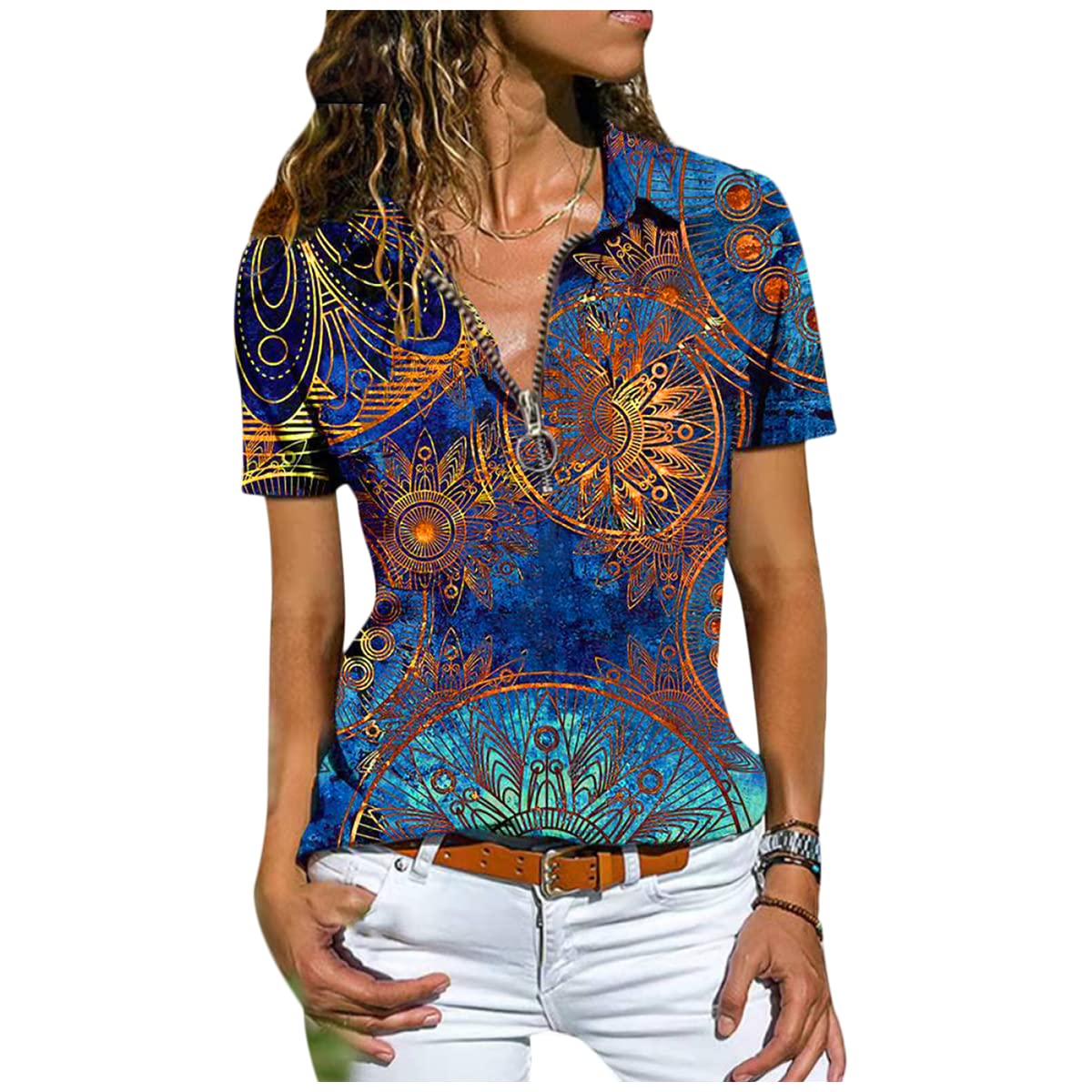 Bartira Spring and Summer Short Sleeve T-Shirt Temperament Women Fancy Tee Printed Bohemian Western Ethnic Zip Top