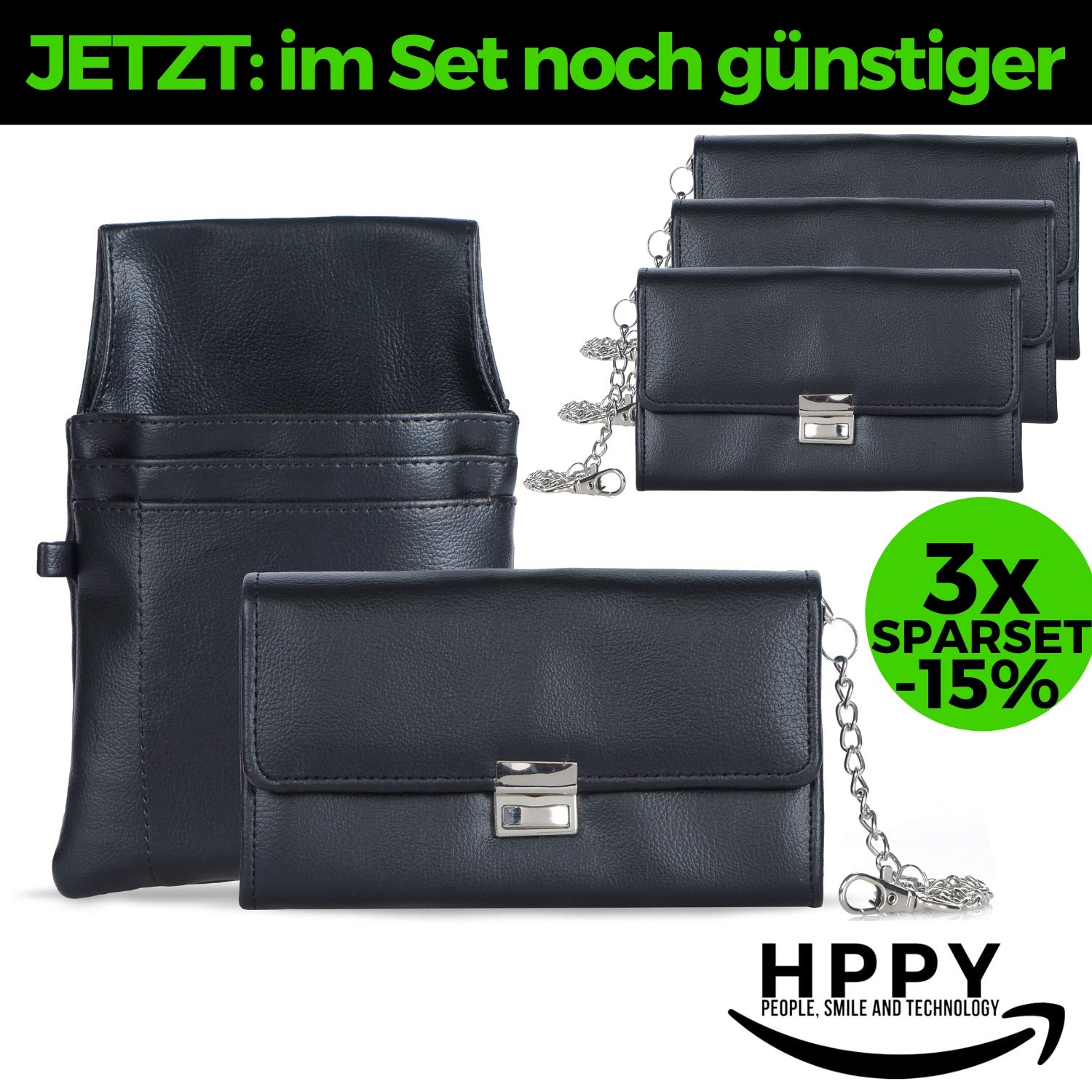 HPPY Aktion Sparset 3X Kellnerportemonnaie – robuste Kellnerbörse mit Holster, Kette & Geldtester – Kellnertasche für Gastronomie & Taxi, Farbe: Schwarz