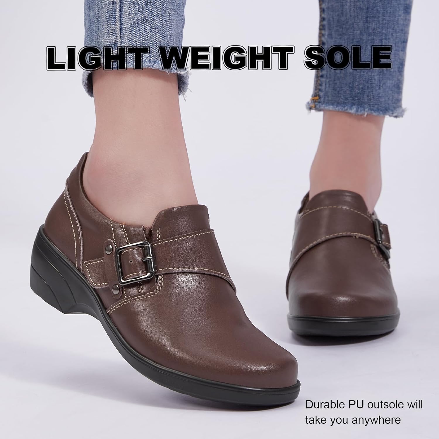 Loafers for Women Leather Dressy Arch Support Memory Foam Buckles Comfortable Low Heel Casual Shoes Ladies Business Work Office Flats Brown US 10.5 - Image 4