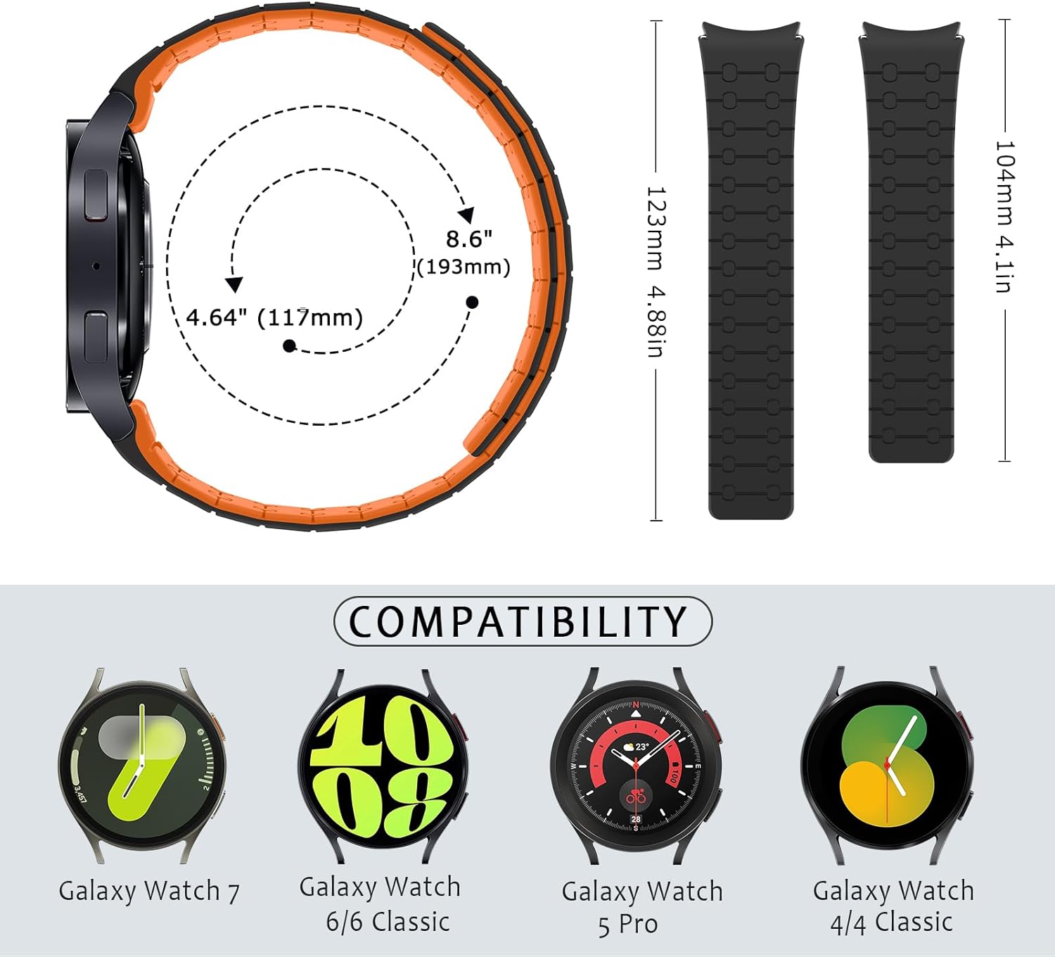 Magnetic Band Compatible with Samsung Galaxy Watch 7/FE/6/5/4 Band 40mm 44mm/Galaxy Watch 5 Pro 45mm/Watch 6 4 Classic 42mm 46mm 43mm 47mm, 20mm Silicone Sport Strap for Women Men, Black/Orange - Image 5
