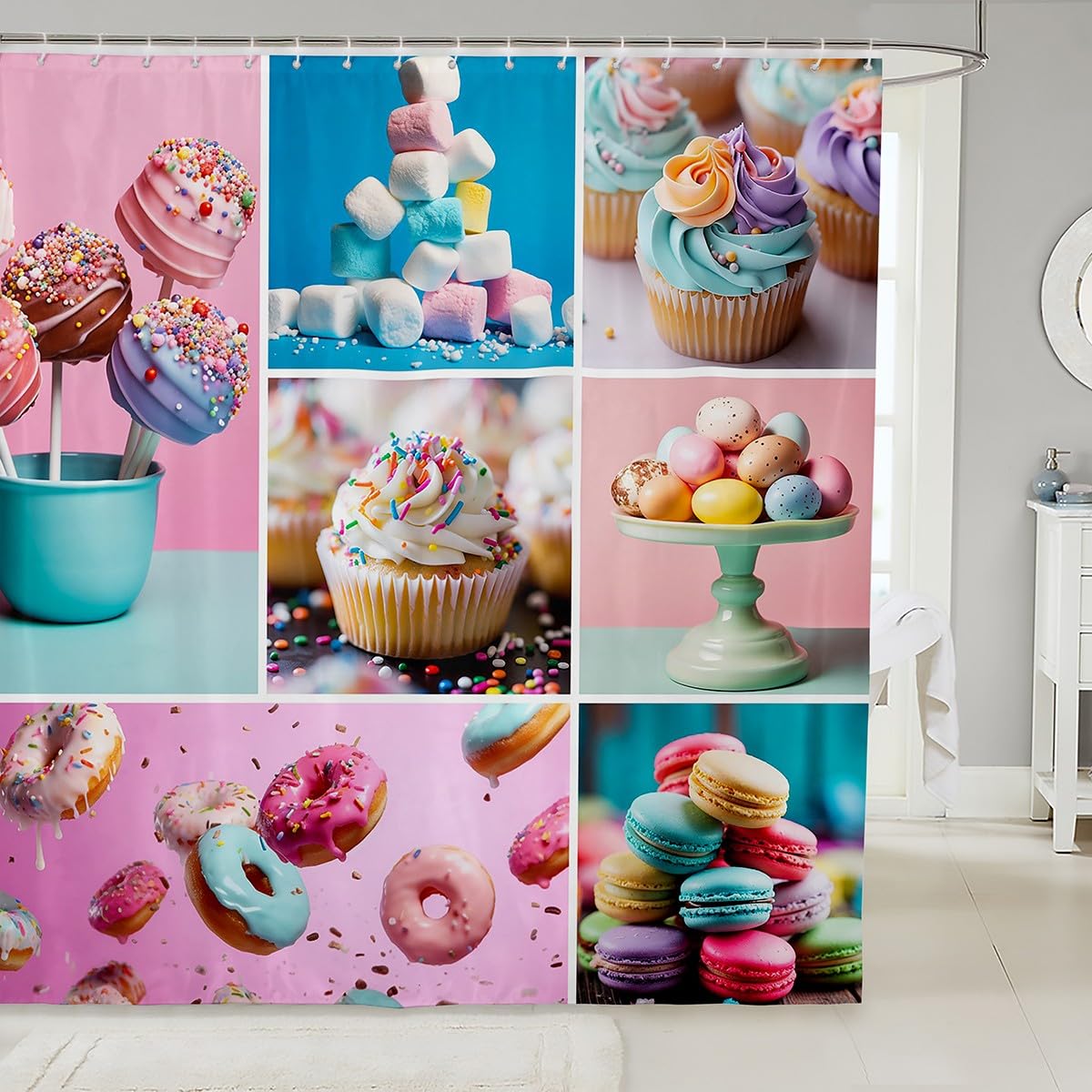 Rideau de douche en tissu Manfei motif beignets bonbons