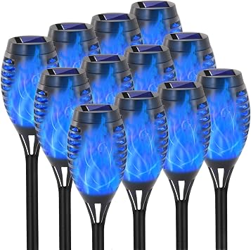 EOYIZW Solar Lights Outdoor, 12 Pack Blue Solar Torch Light with Flickering Flame, 12 LED Tiki Torches for Outside Lights Wat