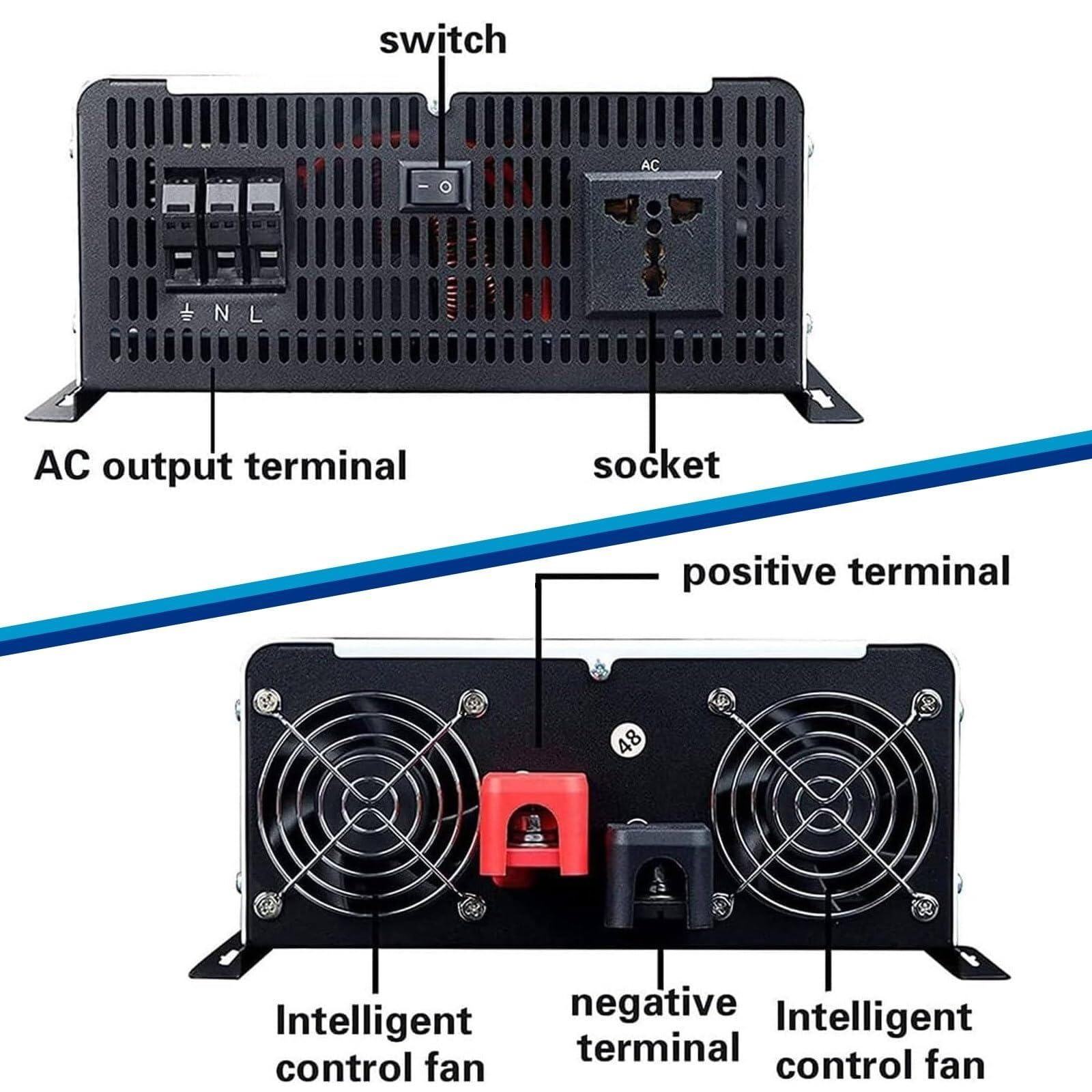 Onduleur solaire, convertisseur sinusoïdal pur, 12 V, 24 V, 48 V, 60 V, 72 V CC vers 110 V, 220 V CA, avec écran LCD, pour camion, maison, véhicules, ordinateurs portables, voyages, extérieur