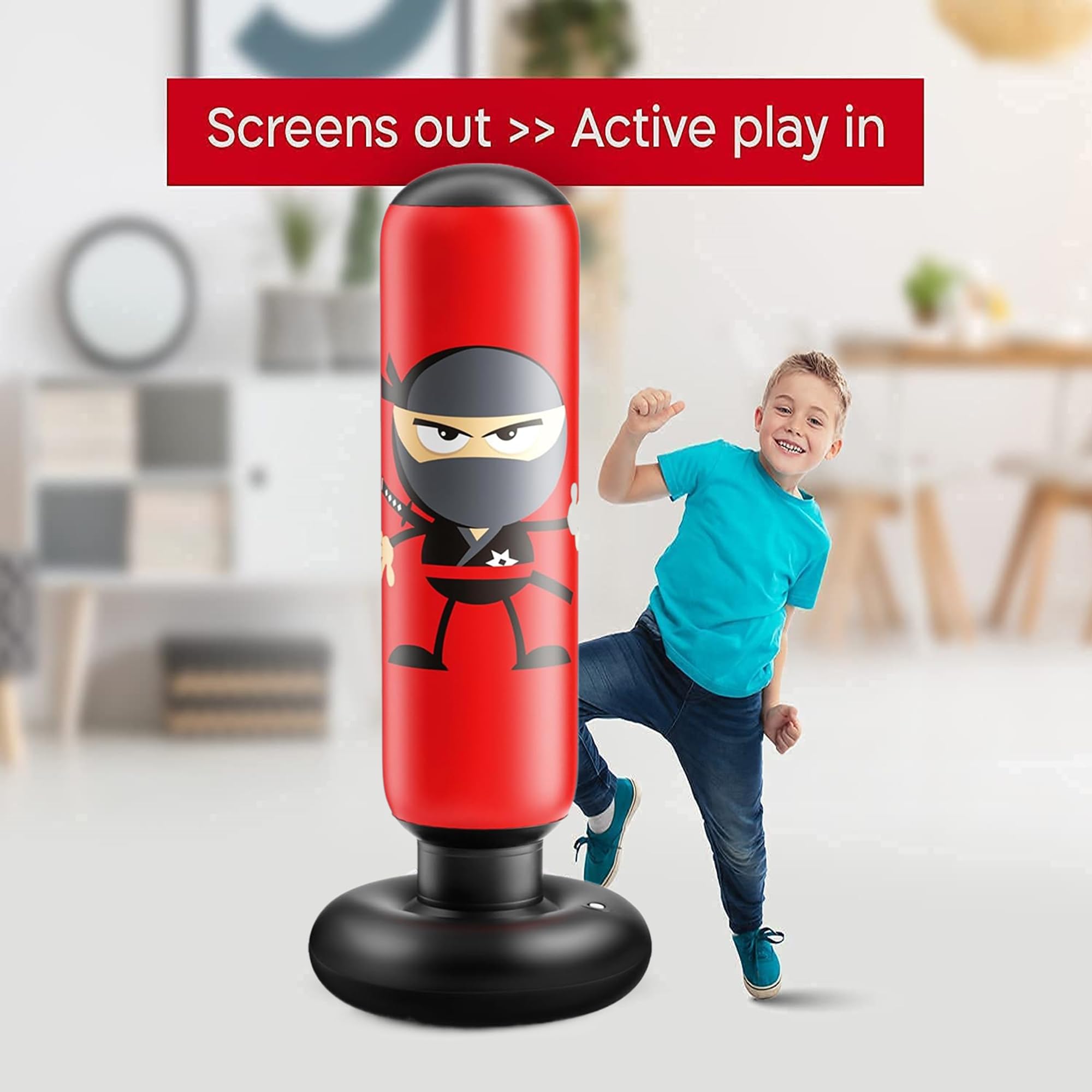 Sacco Da Boxe Gonfiabile Per Bambini – Design Ninja, 163 Cm, Con Base Stabile – Dai 3 Ai 12 Anni