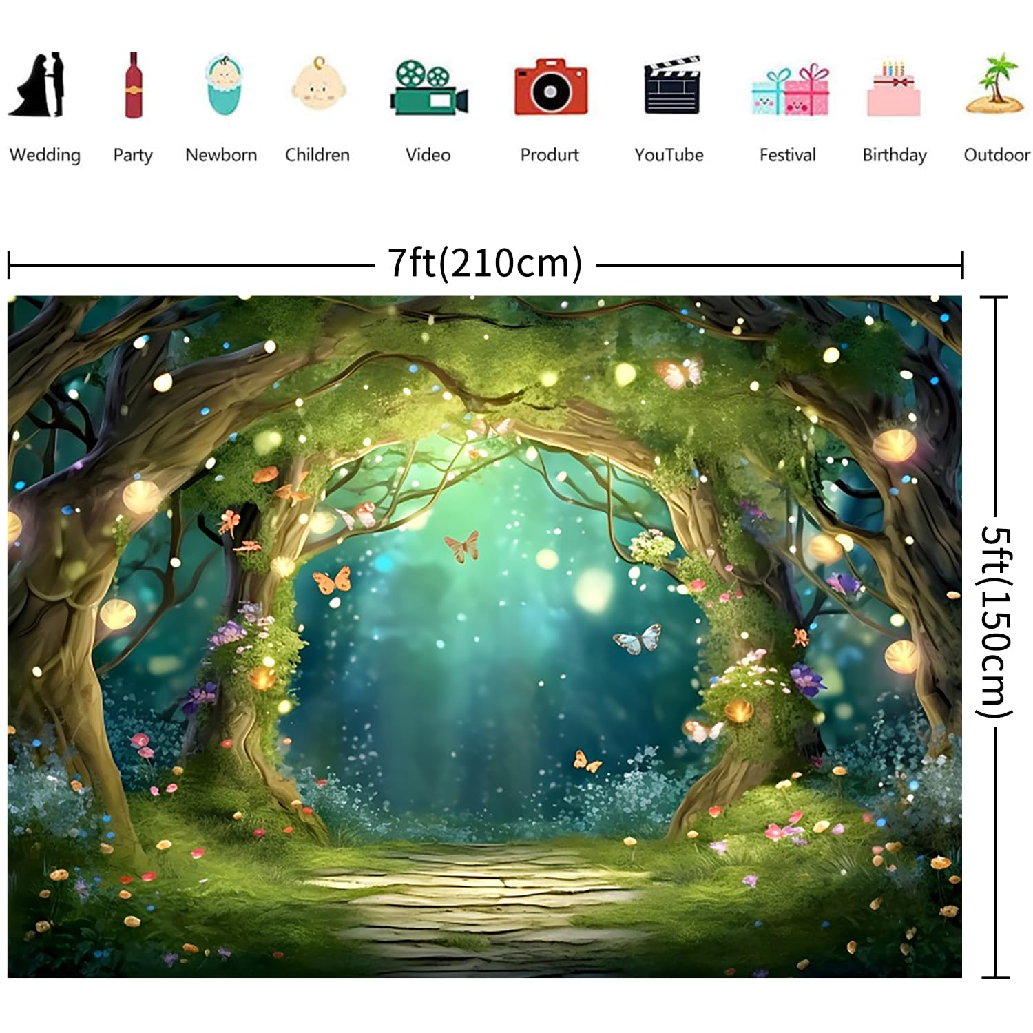 2.1x1.5m Fotohintergrund Zauberwald Fantasty Wonderland Woodland Schmetterling Blumen Baum Fotografie Hintergrund Prinzessin Geburtstag Party Baby Shower Dekorationen Photo Booth Requisiten