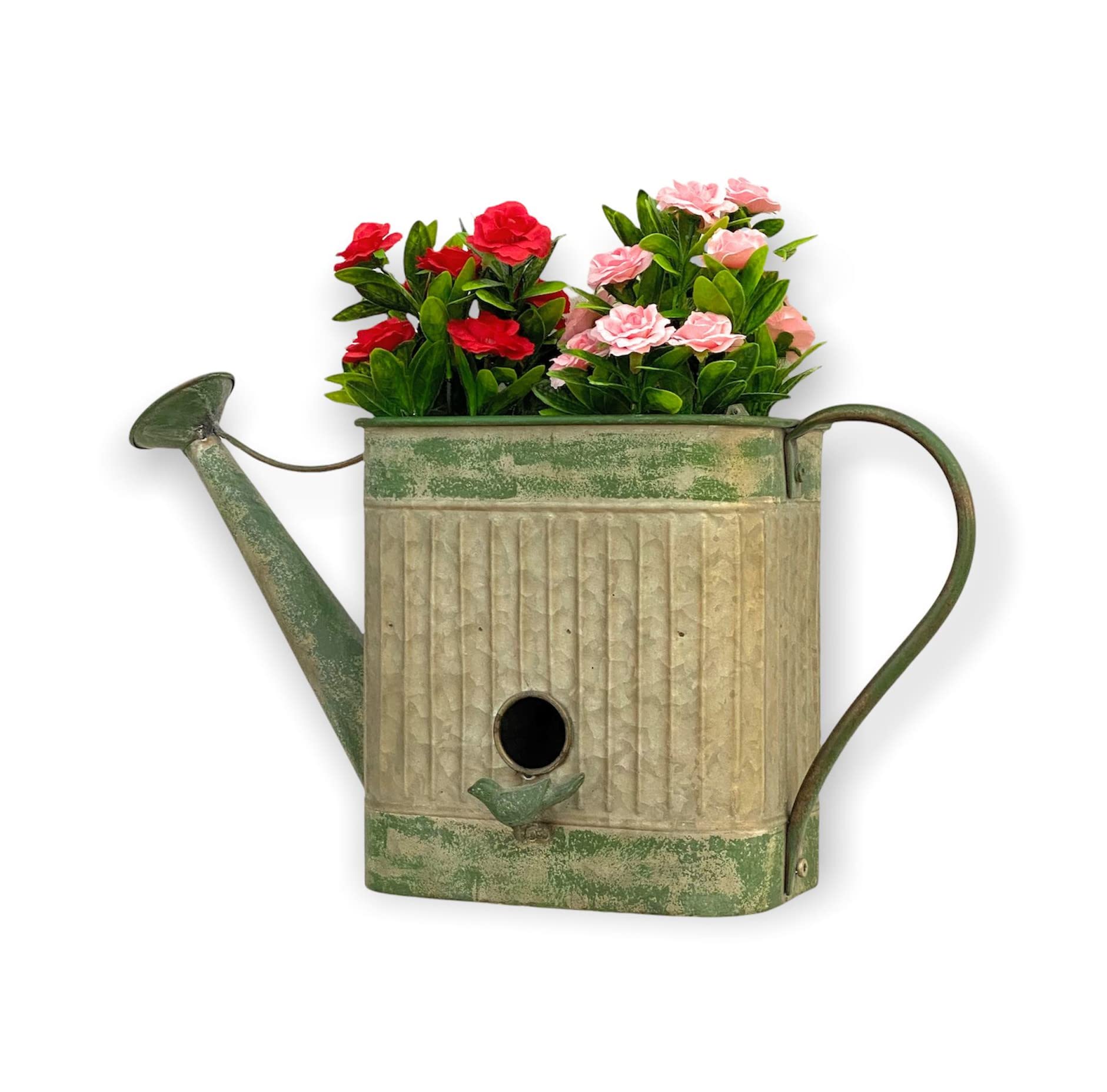 DanDiBo Vogelhaus mit Blumentopf zum Aufhängen Metall Deko Gießkanne wetterfest 481999 Nistkasten 40 cm Futterstation für Vögel Shabby Metallkanne Kanne Balkon