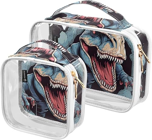 Tyrannosaurus Rex - Neceser transparente de dinosaurio para viajar, paquete de 2 bolsas de cosméticos de maquillaje con cremallera, bolsa de viaje