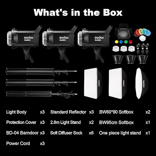 Miniatura 9 de Godox Paquete de 3 luces LED SL60IID de video, 70 W, 5600 K  200 K, iluminación de estudio de fotografía con reflector, CRI96+, TLCI97+, 8 efectos
