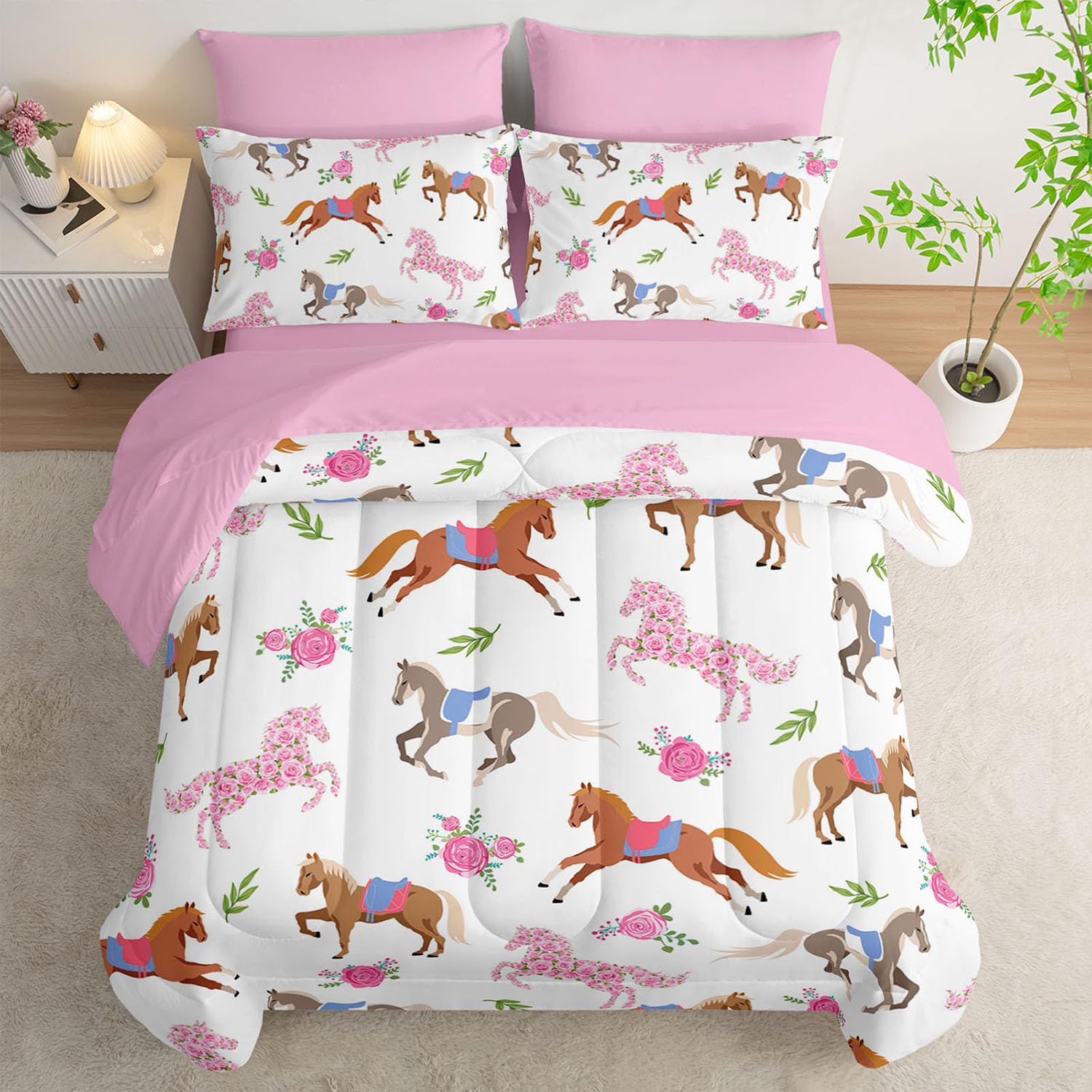 HOSIMA Juego de edredón de 7 piezas con sábanas de princesa, juego de ropa de cama de caballo rosa Kawaii para decoración estética de habitación para niñas y adolescentes, cama colorida en una bolsa