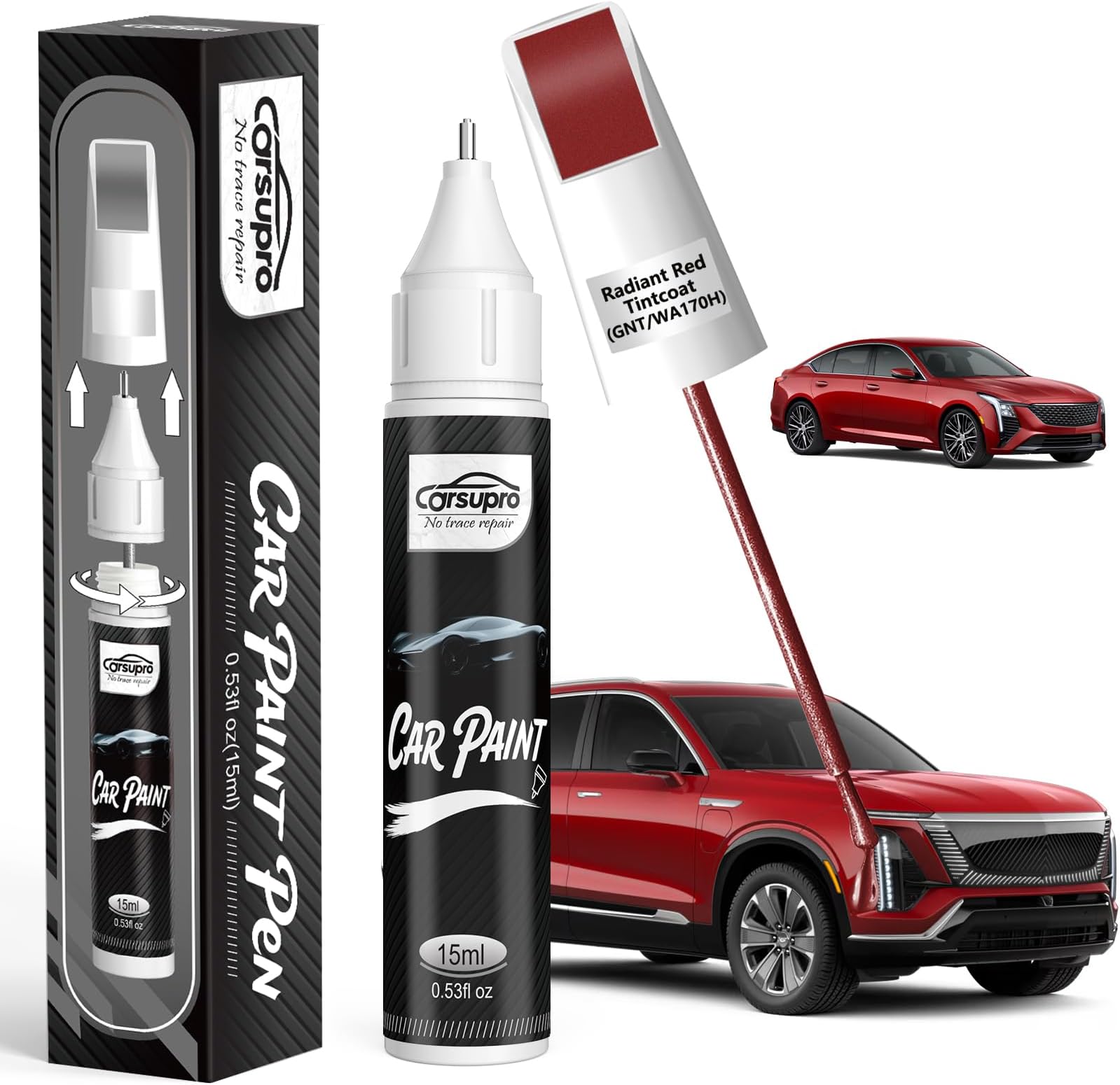 - Radiant Red Tintcoat(GNT/WA170H) for Cadillac Touch Up Paint Pen, 2 in 1 Car Scratch Remover with Pen Tip and Brush, Precise Color Match for Car Paint Scratch Repair, Quickly and Easily Fix Chips and Nicks