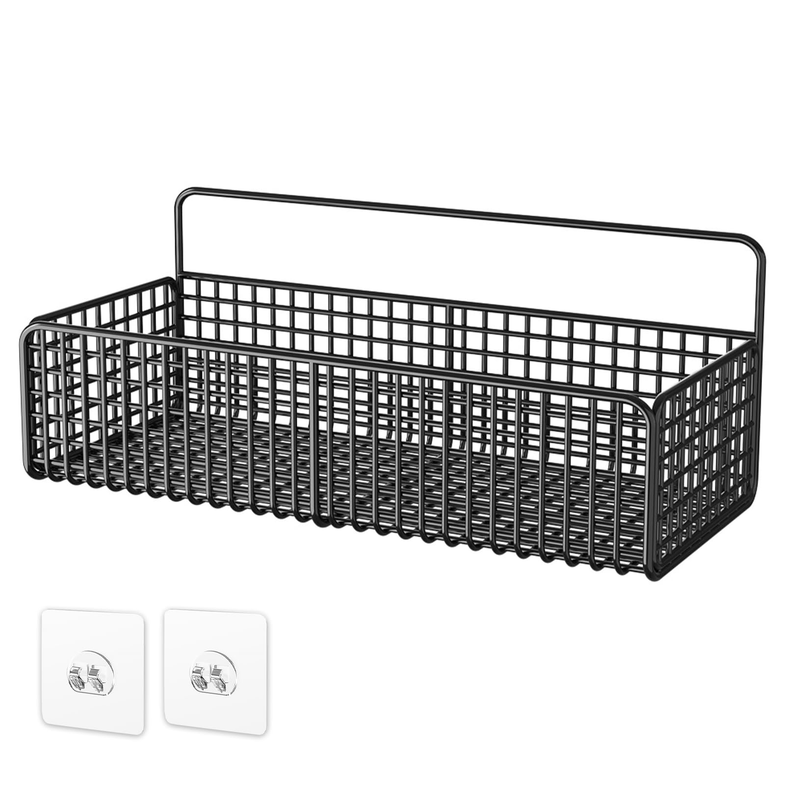 KOLAKO Wire Storage Basket, Self Adhesive Shower Storage Caddy Black, No Drilling Metal Shower Organiser, Wall Mounted Shampoo Holder, Basket Shelf for Bathroom, Kitchen, Bedroom