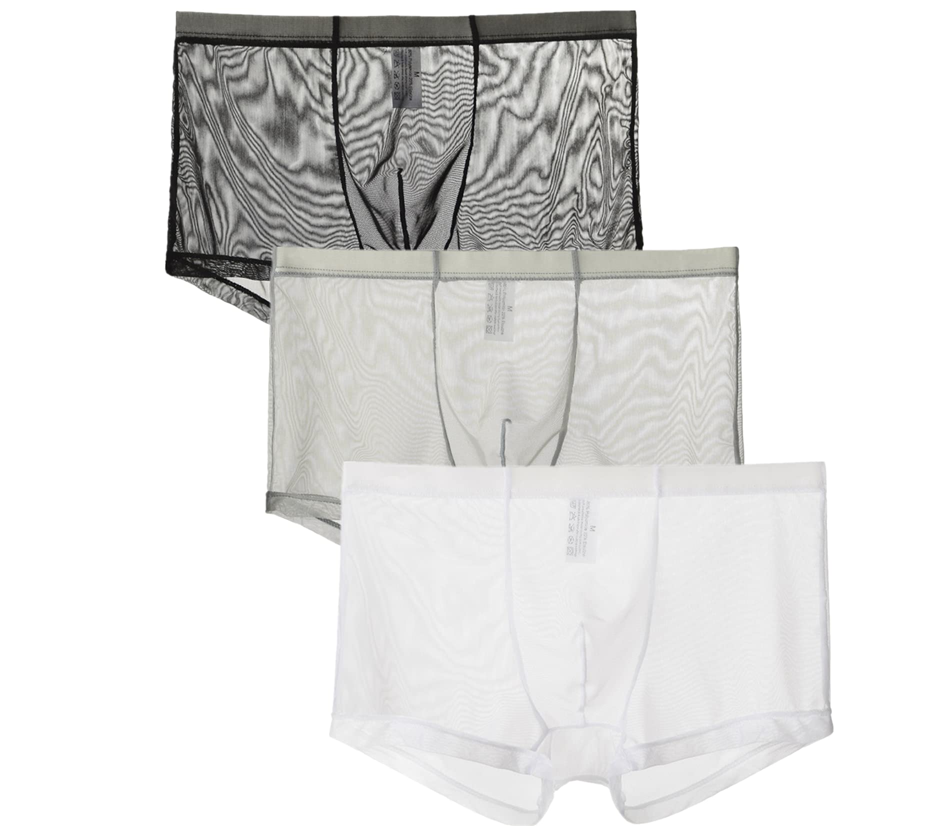 lclvld Men's Sexy Boxer Brief Pants Sheer See Through Underpants Lingerie Transparent, 3pcs-black+white+grey, XL