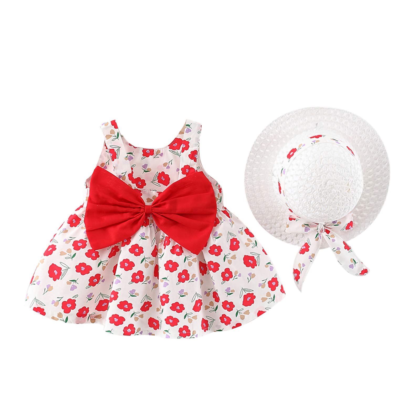 Qiraoxy Vestido de Verano para niña Elegante Imprimiendo Arco sin Mangas Vestido De Princesa Vestidos Playa + Sombrero de Sol con Lazo Conjunto