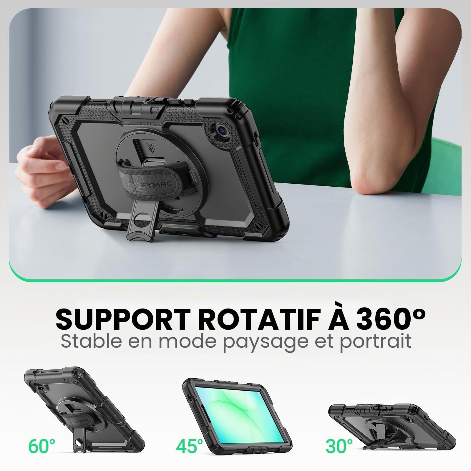 SEYMAC Coque pour Samsung Galaxy Tab A11/A9 8.7 Pouces 2025/2023,Coque Antichoc pour Galaxy A11 avec Protecteur D'écran,Support Rotatif à 360°/Dragonne,Bandoulière,avec Porte-Stylo,Noir